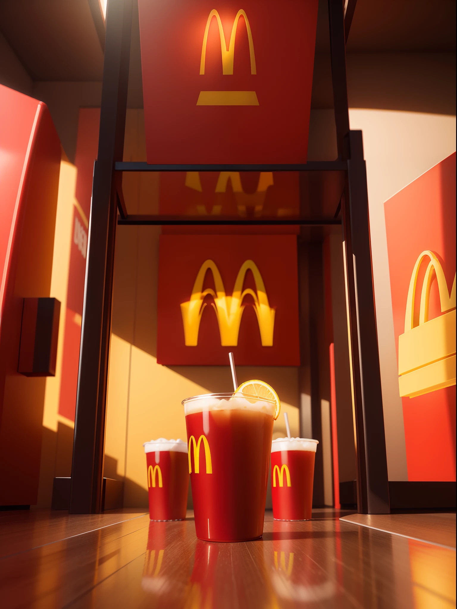 create a glass Company all mirrored in red and yellow with the logo with the McDonald's logo right in the center at the front of the Company, Photorealistic, Photorealism, Full-HD, 1080p, 16k, Realistic, Hyperrealistic, Hyper Real, digital