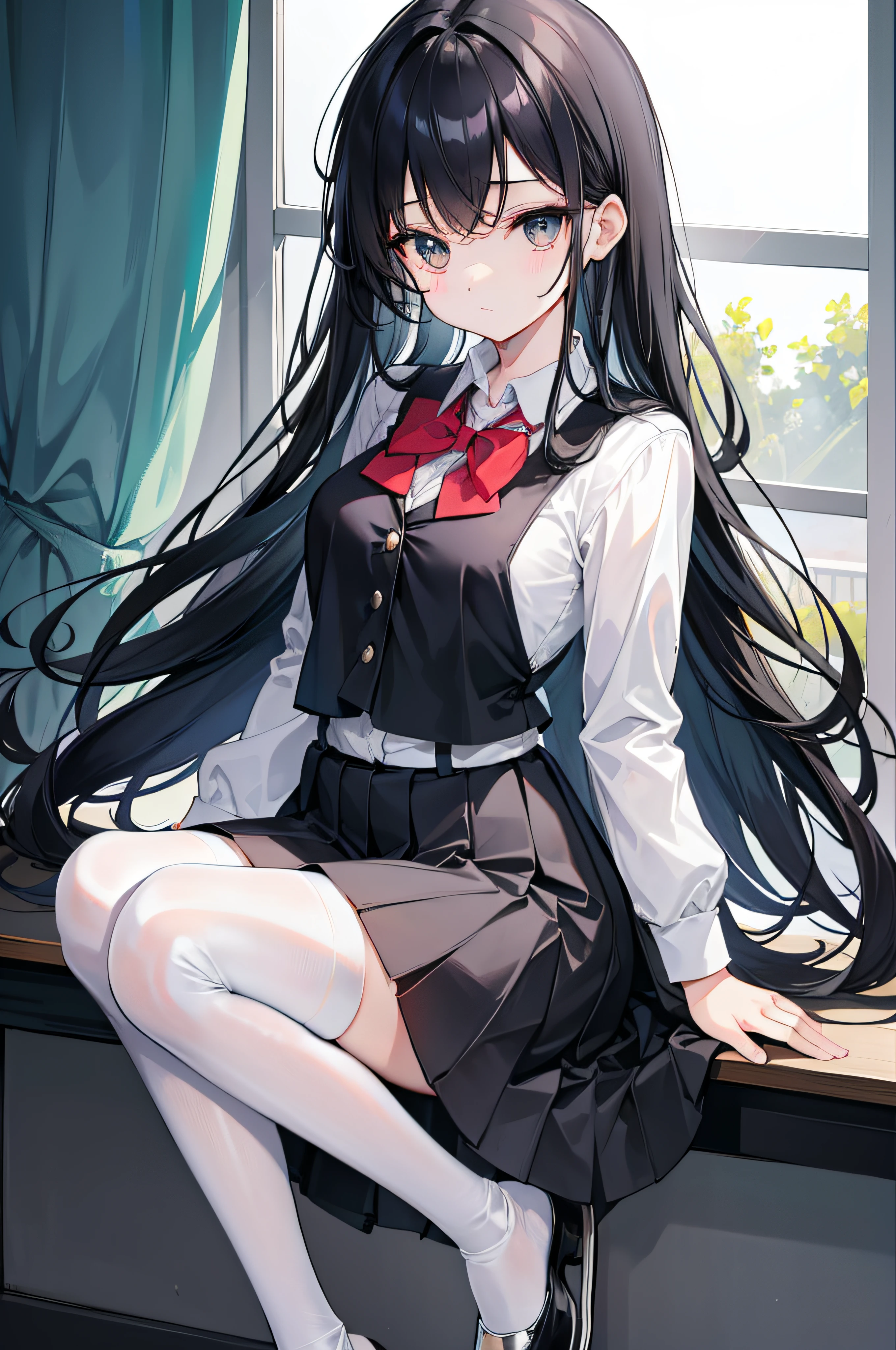 In the classroom, a student girl with long black hair wearing a black and white uniform and white stockings