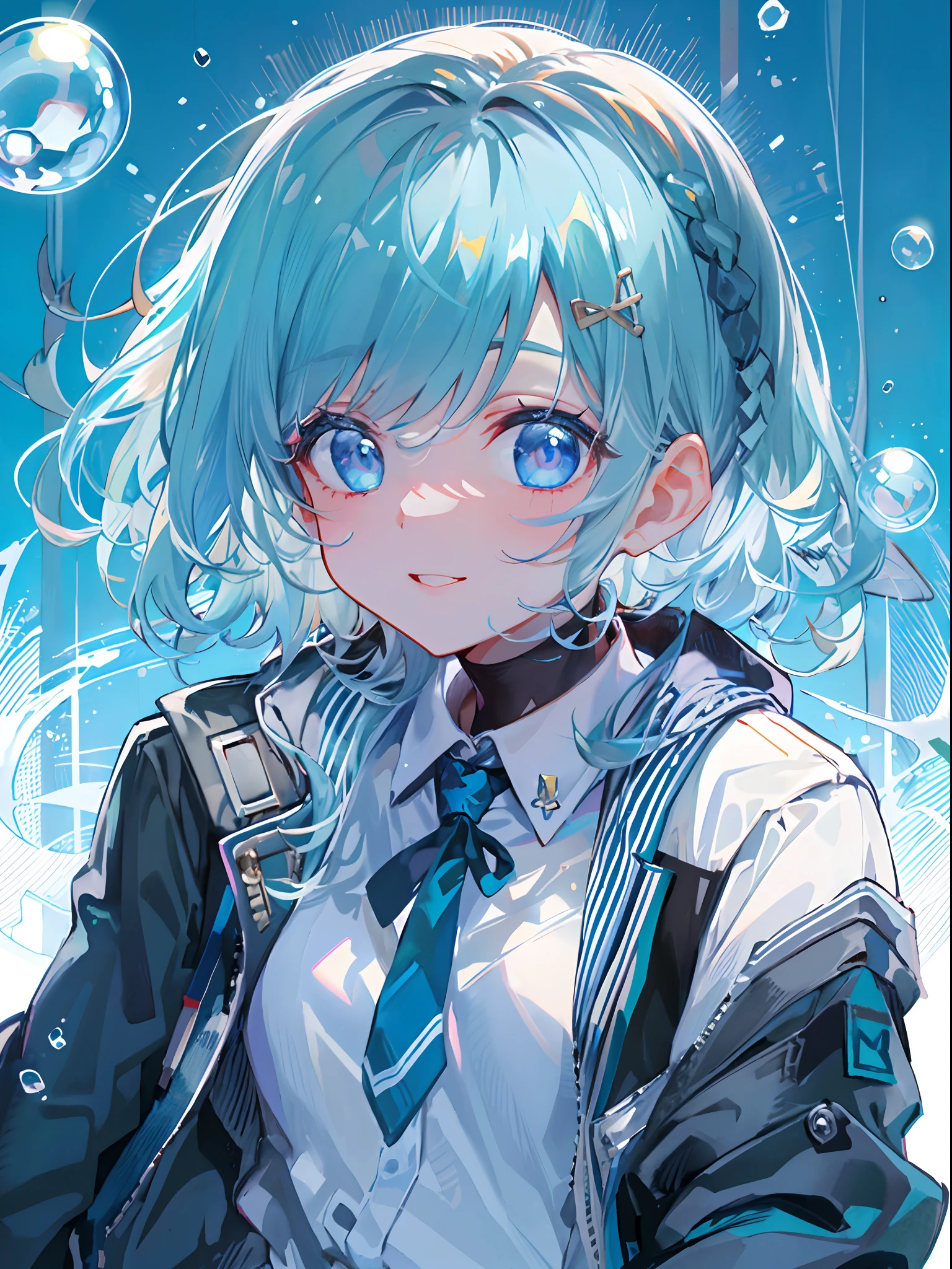 ((top-quality)), ((​masterpiece)), ((ultra-detailliert)), (extremely delicate and beautiful), girl with, 独奏, cold attitude,((Black jacket)),She is very(relax)with  the(Settled down)Looks,A dark-haired, depth of fields,evil smile,Bubble, under the water, Air bubble,bright light blue eyes,Inner color with light blue hair and dark blue tips,Cold background,Bob Hair - Linear Art, shortpants、knee high socks、White uniform like school uniform、Light blue ribbon ties、Clothes are sheer、Hands in pockets