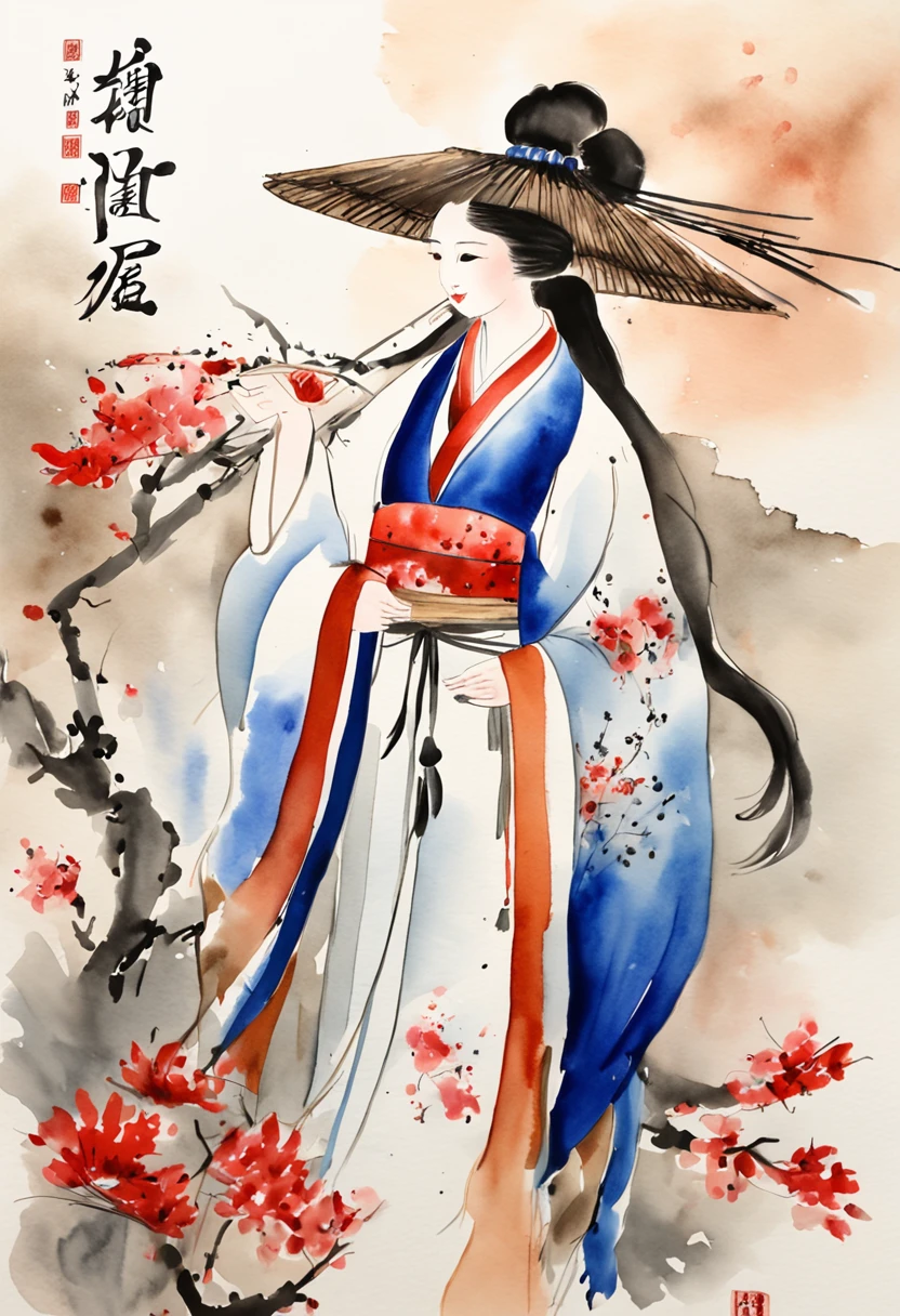 1 couple,1man 1girl,Qixi Festival,Mid-Autumn Festival,classical,Qi Baishi painting style,Modern style,watercolor paiting