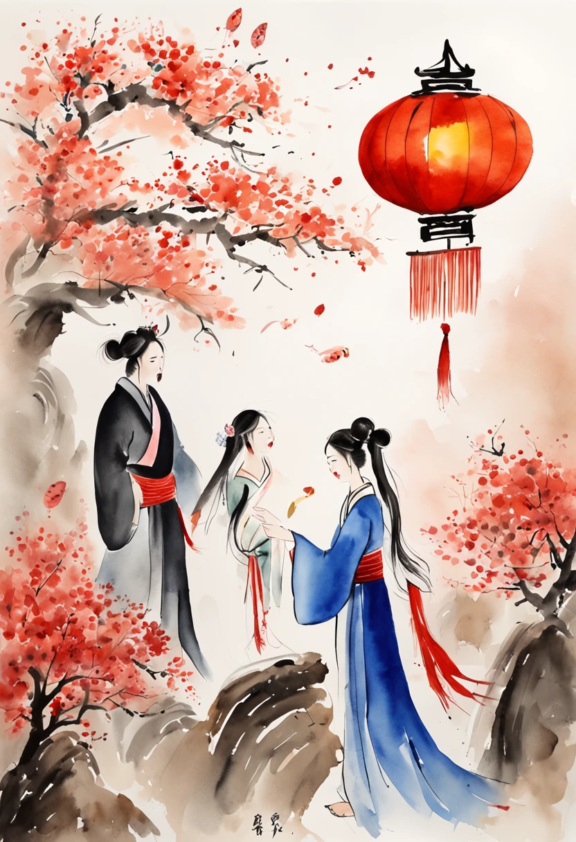 1 couple,1man 1girl,Qixi Festival,Mid-Autumn Festival,classical,Qi Baishi painting style,Modern style,watercolor paiting