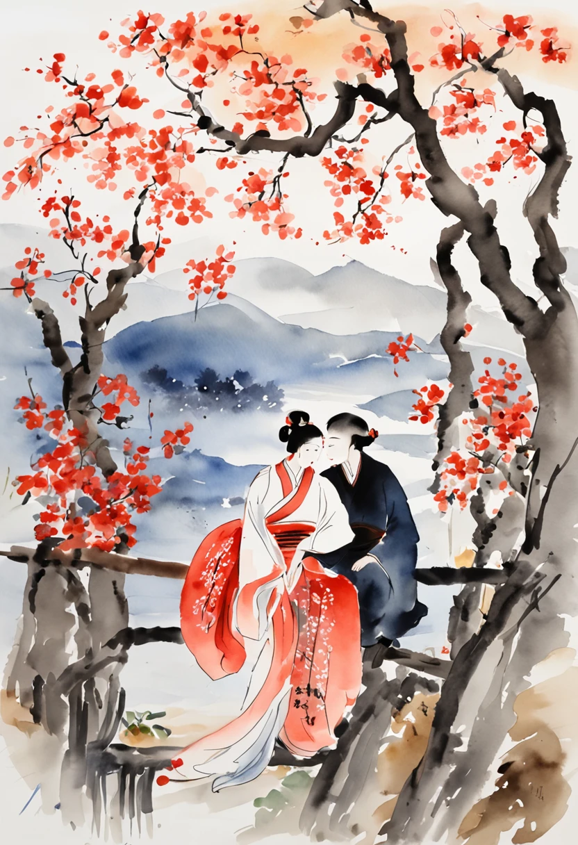 1 couple,1man 1girl,Qixi Festival,Mid-Autumn Festival,classical,Qi Baishi painting style,Modern style,watercolor paiting