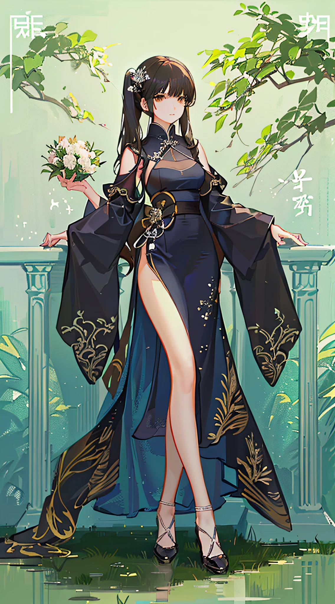 girl,full body,(detailed face:1.2), masterpiece, fashion,chinese dress,, medium hair, black hair, twintails, blunt bangs, brown eyes,