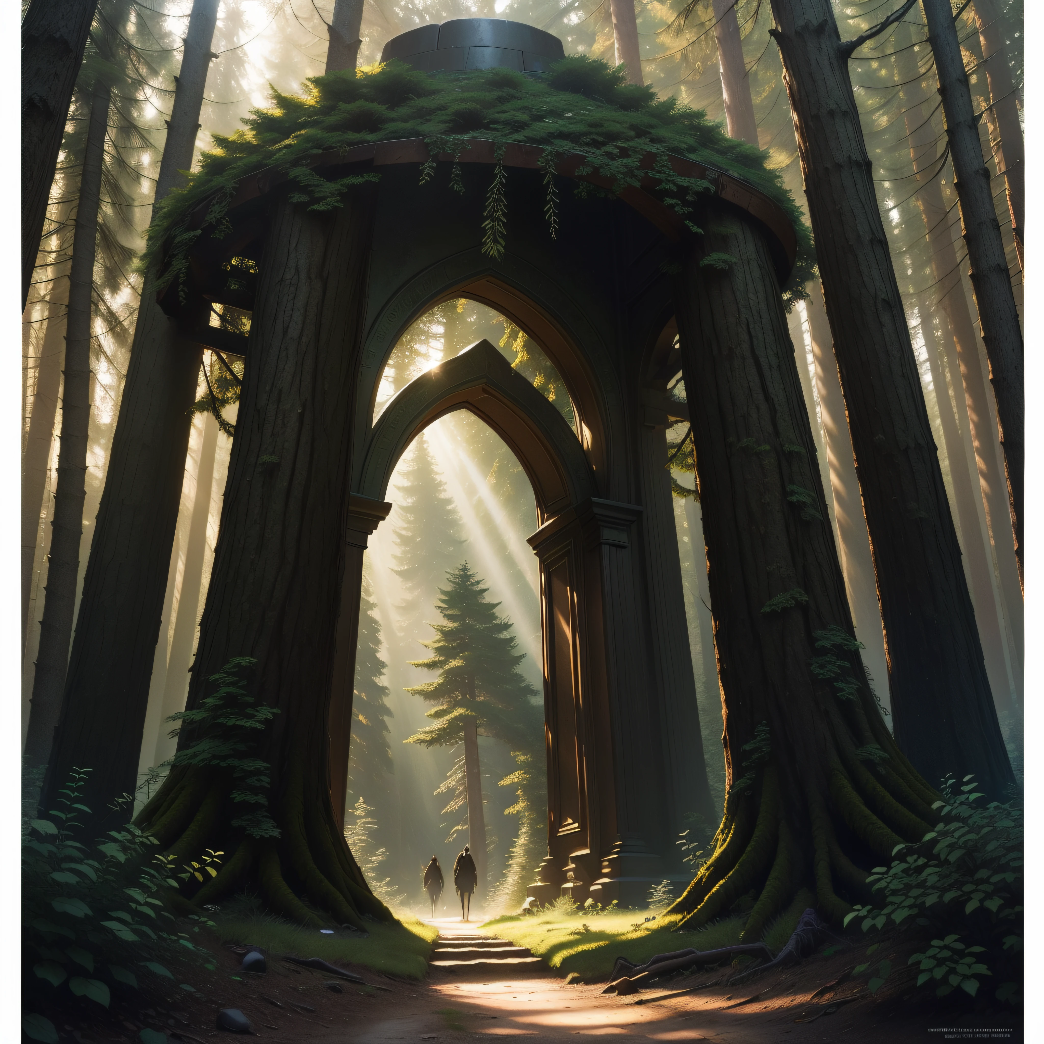 time travel tree portal, deep dark forest path, spruces forest, spruces stargate, central composition, sensual, fantasy art, epic fantasy digital art style, 4k fantasy art, front light, afternoon, warm light, sun rays
