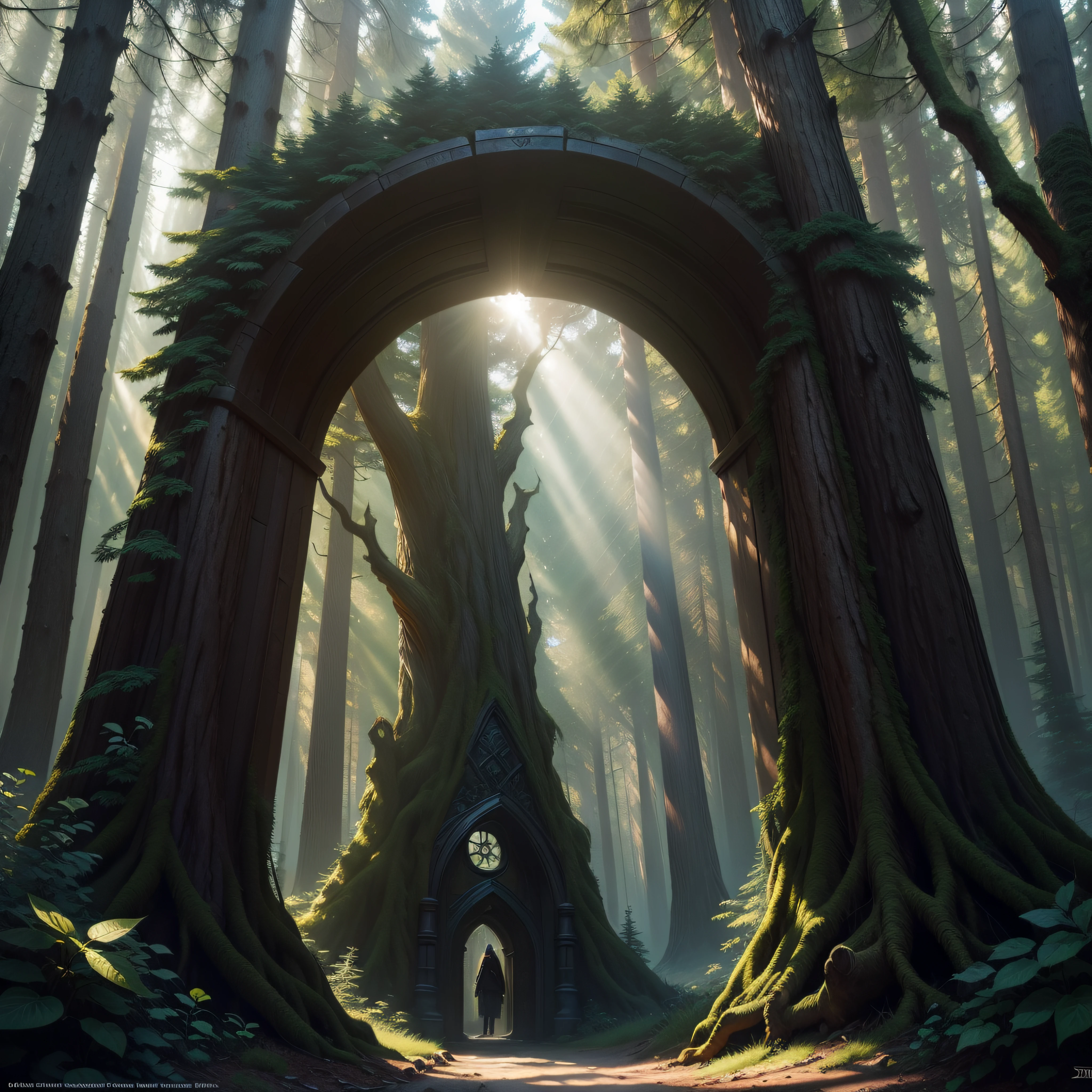 time travel tree portal, deep dark forest path, spruces forest, spruces stargate, central composition, sensual, fantasy art, epic fantasy digital art style, 4k fantasy art, front light, afternoon, warm light, sun rays