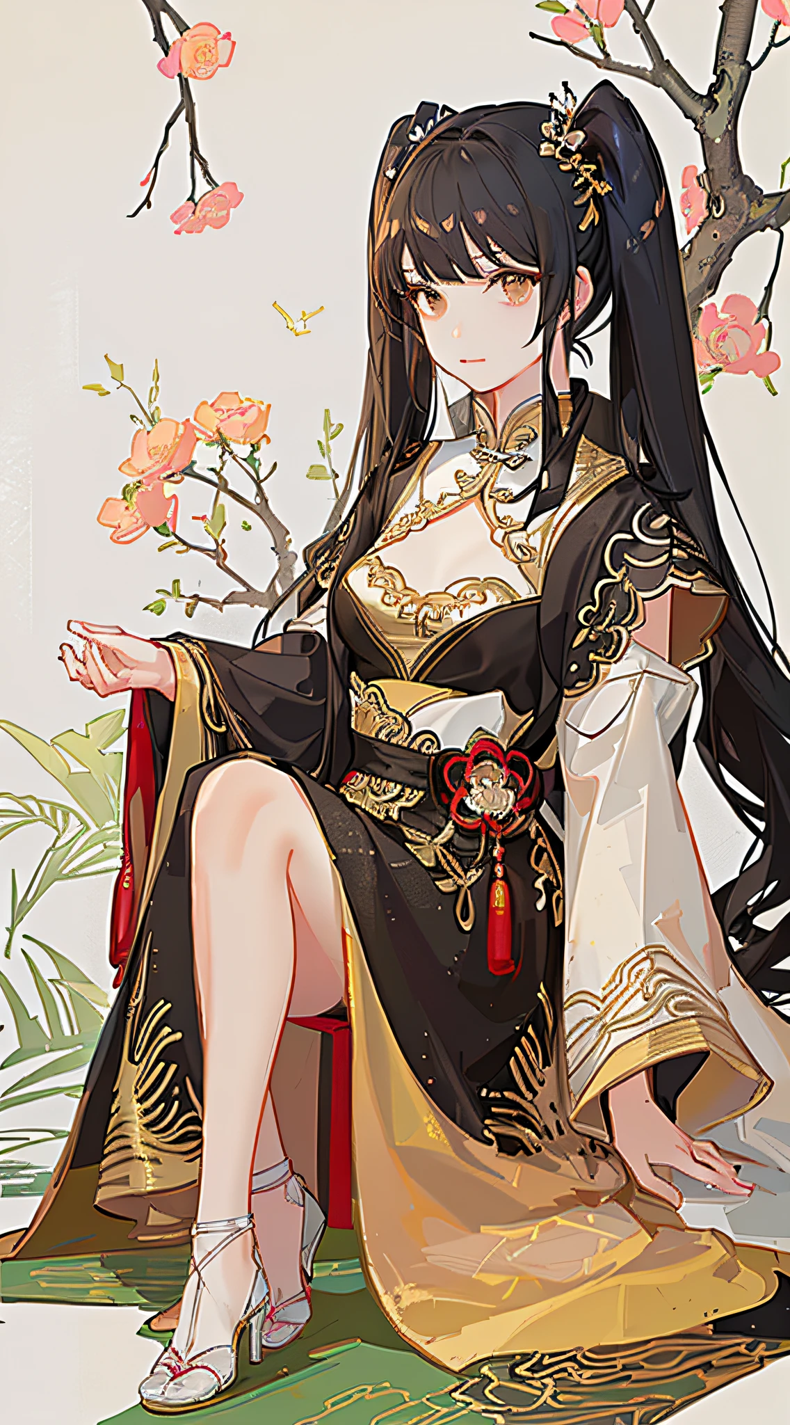 girl,full body,(detailed face:1.2), masterpiece, fashion,chinese dress,, medium hair, black hair, twintails, blunt bangs, brown eyes,