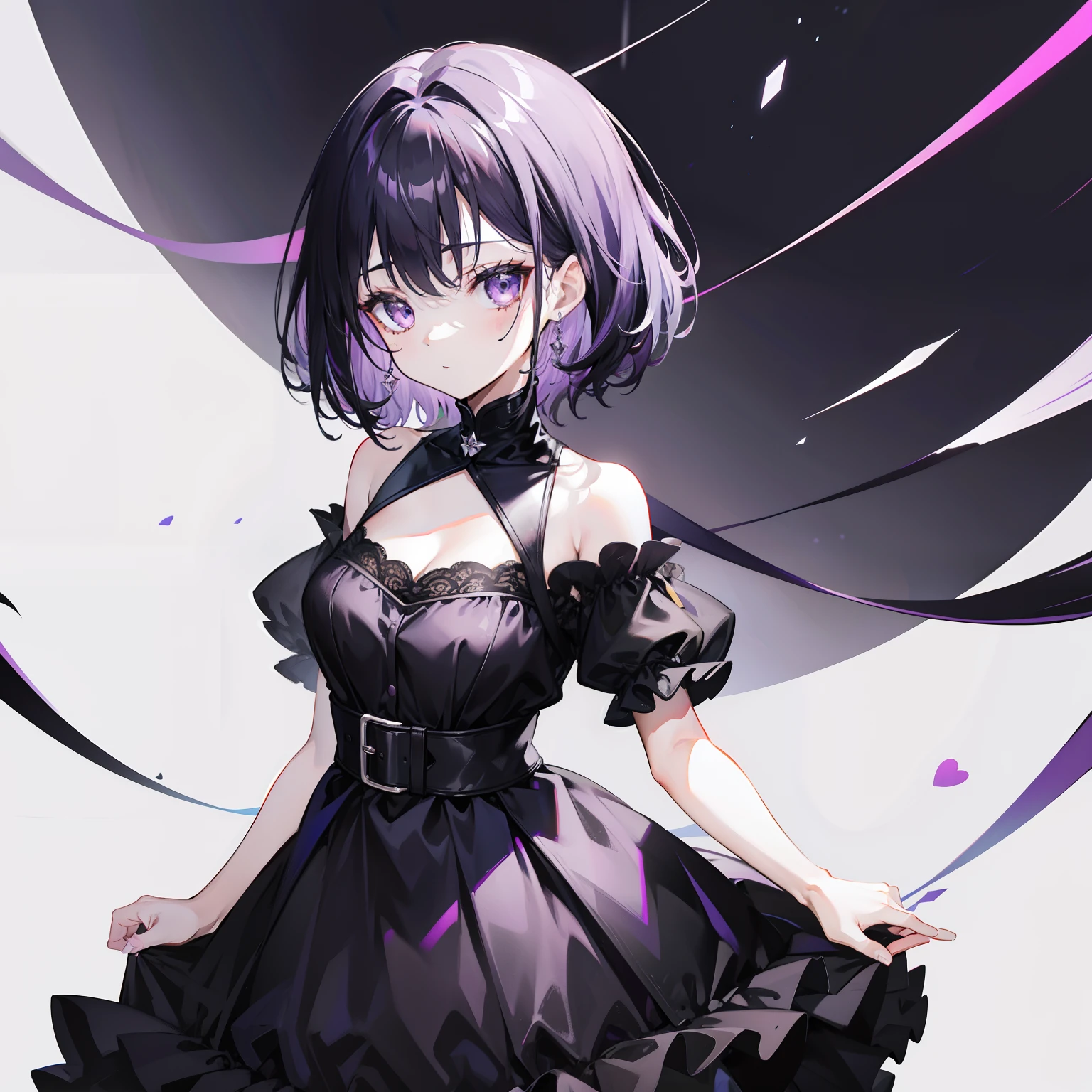 Dyed black，short light purple hair，Pure black dress，Has a pure white accent，Sweet
