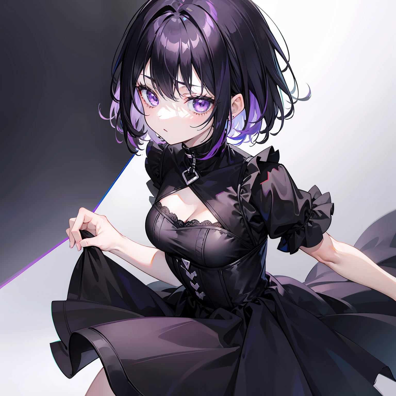 Dyed black,short light purple hair,Pure black dress,Has a pure white accent,Sweet