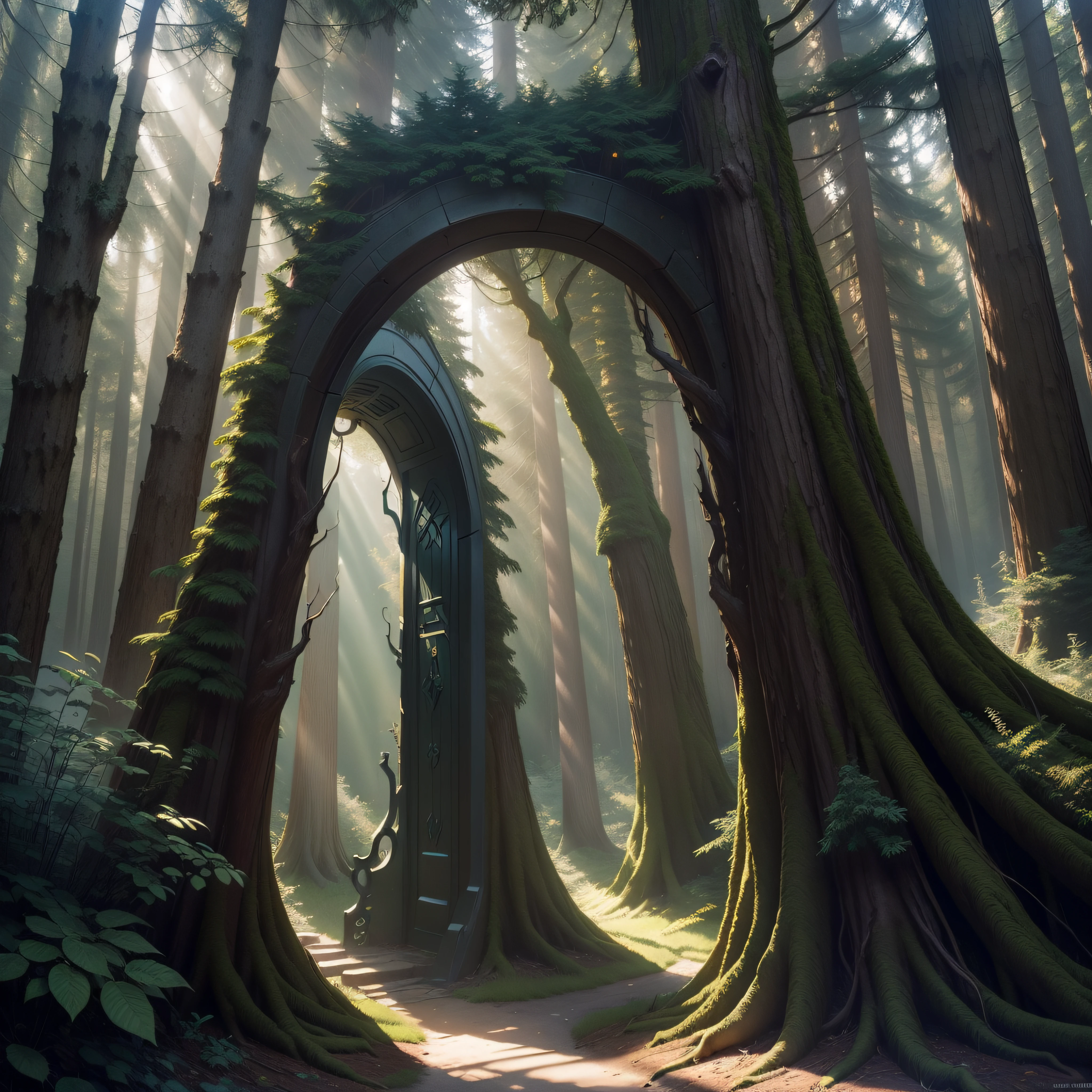 time travel tree portal, deep dark forest path, spruces forest, spruces stargate, central composition, sensual, fantasy art, epic fantasy digital art style, 4k fantasy art, front light, afternoon, warm light, sun rays