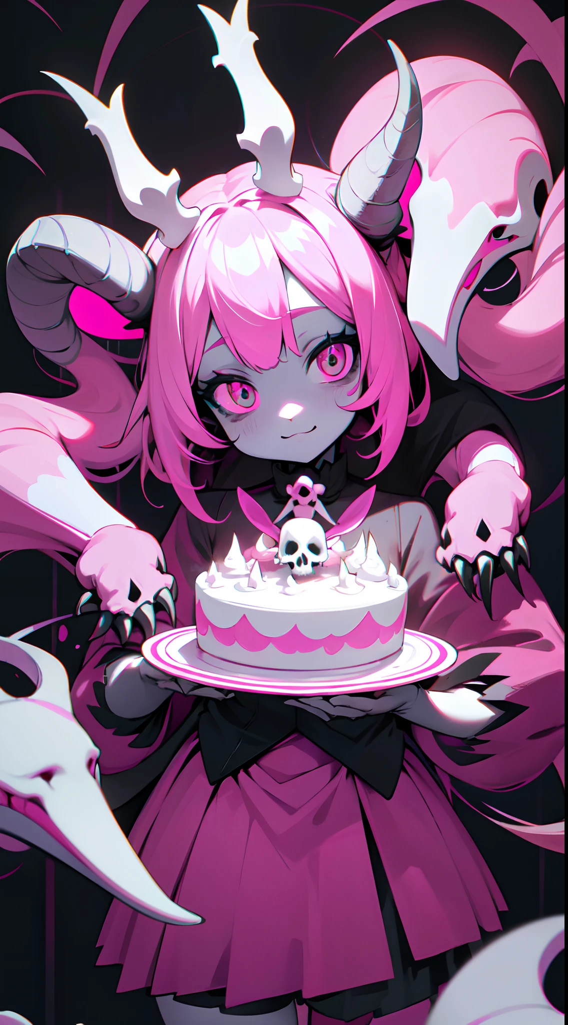 official art, unity 8k wallpaper, ultra detailed, beautiful and aesthetic, High quality, beautiful, masterpiece, best quality, (zentangle, mandala, tangle, entangle:0.6), flat color, limited palette, low contrast, a cute girl serving cake to demons, pink, bright pastel colors, kawaii, (horror), eerie, rabbit skull, goat skull, in hell, creepy, demons, claws, best lighting