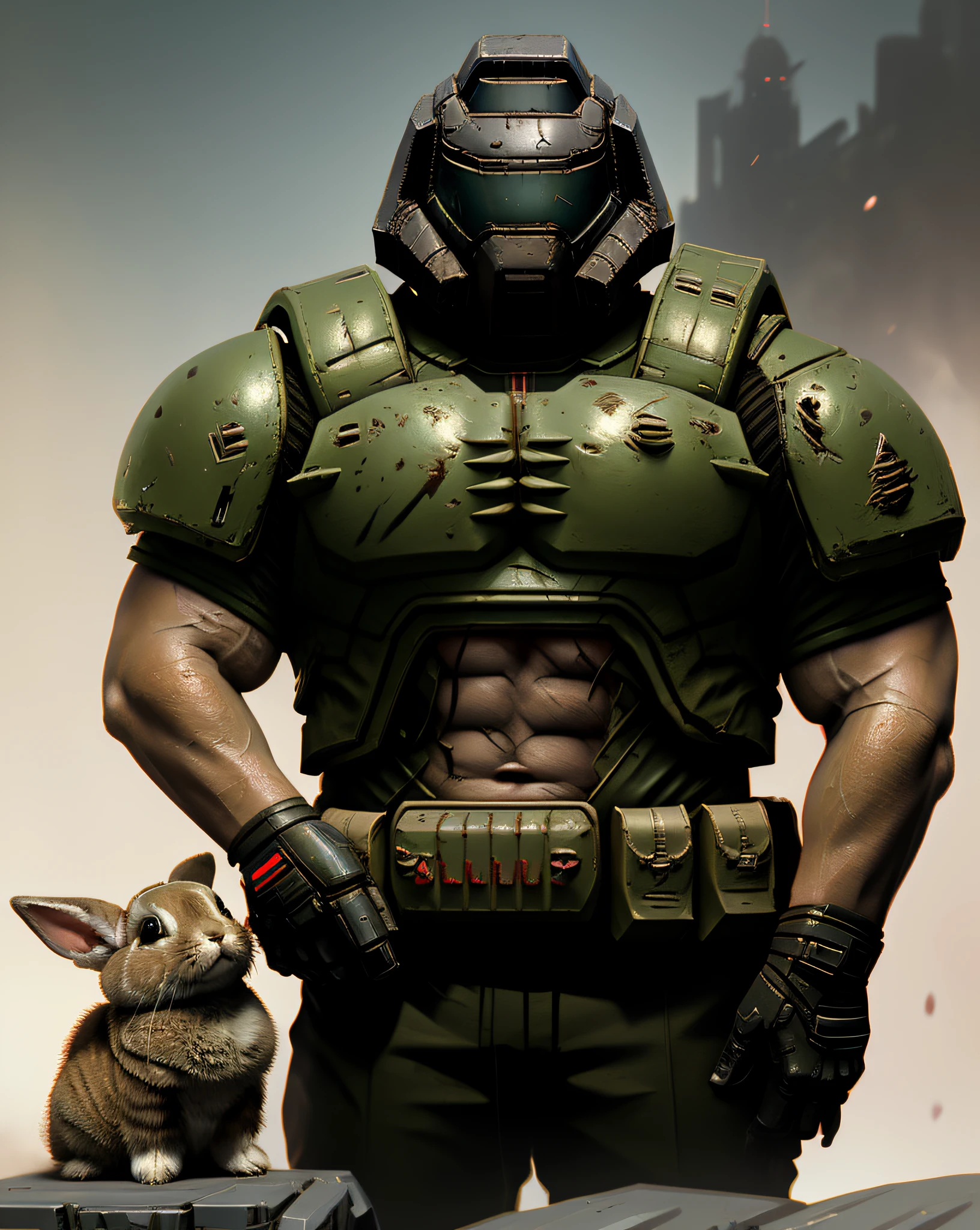 doomguy, petting a bunny, photography, trending on artstation, sharp focus, intricate details, high details, 64k, by greg rutkowski