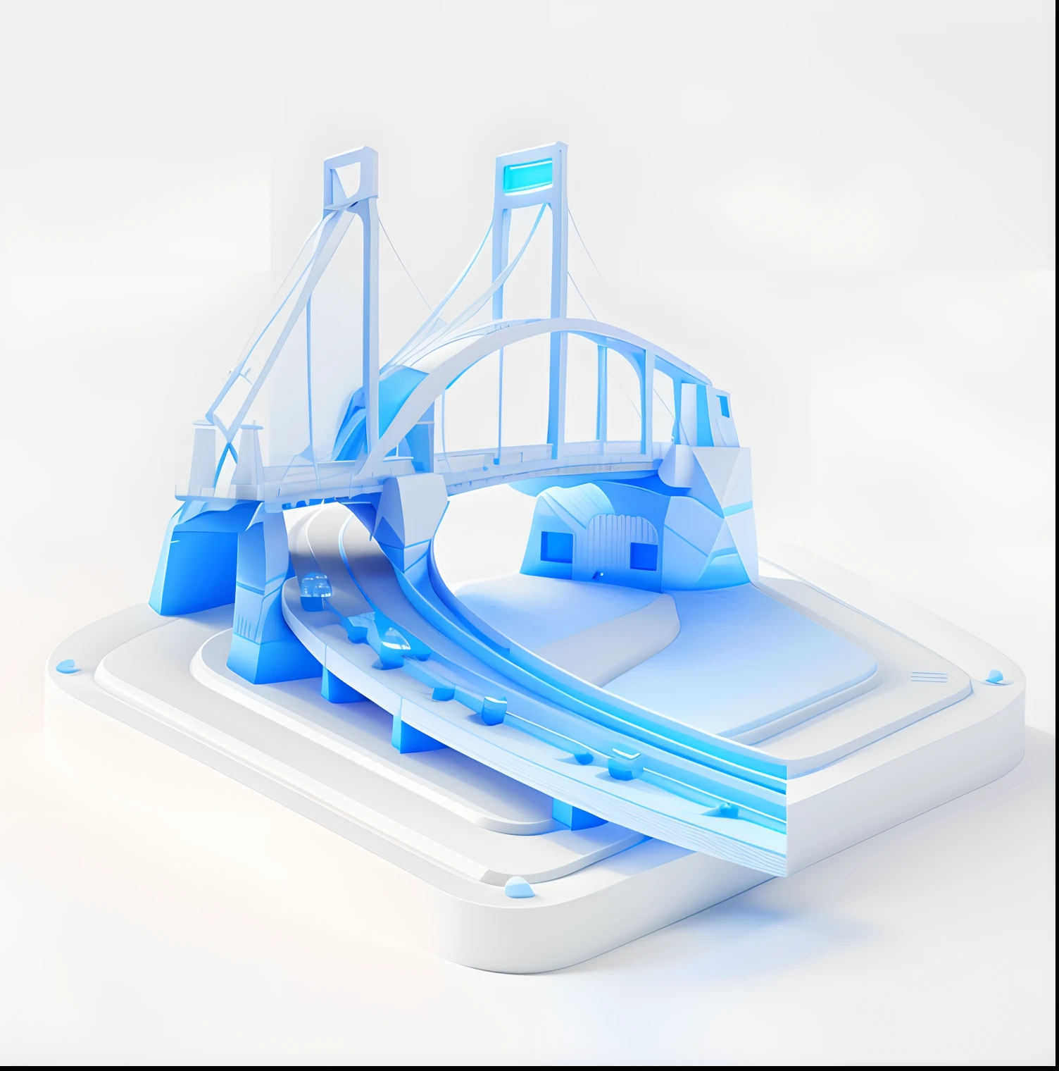 A bridge icon, Very long, There are curvatures, white background, Light blue-grey and Blue, frosted, 3d art, octane rendering, ux, ui, made in figma, adobe xd, sketch, industrial design, volumatric light, reduce details, c4d, blender --ar 1:1 --q 2 --niji 5