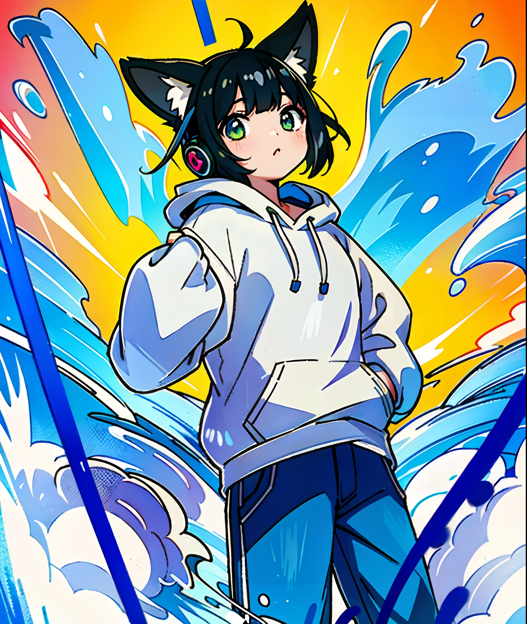 8K分辨率、((top-quality))、((masterpiece))、((ultra-detailliert))、1 woman、独奏、incredibly absurdness、Oversized hoodies、headphones、Street、plein air、Sateen、neons、Shortcut Hair、Brightly colored eyes、Hands in pockets、shortpants、water dripping