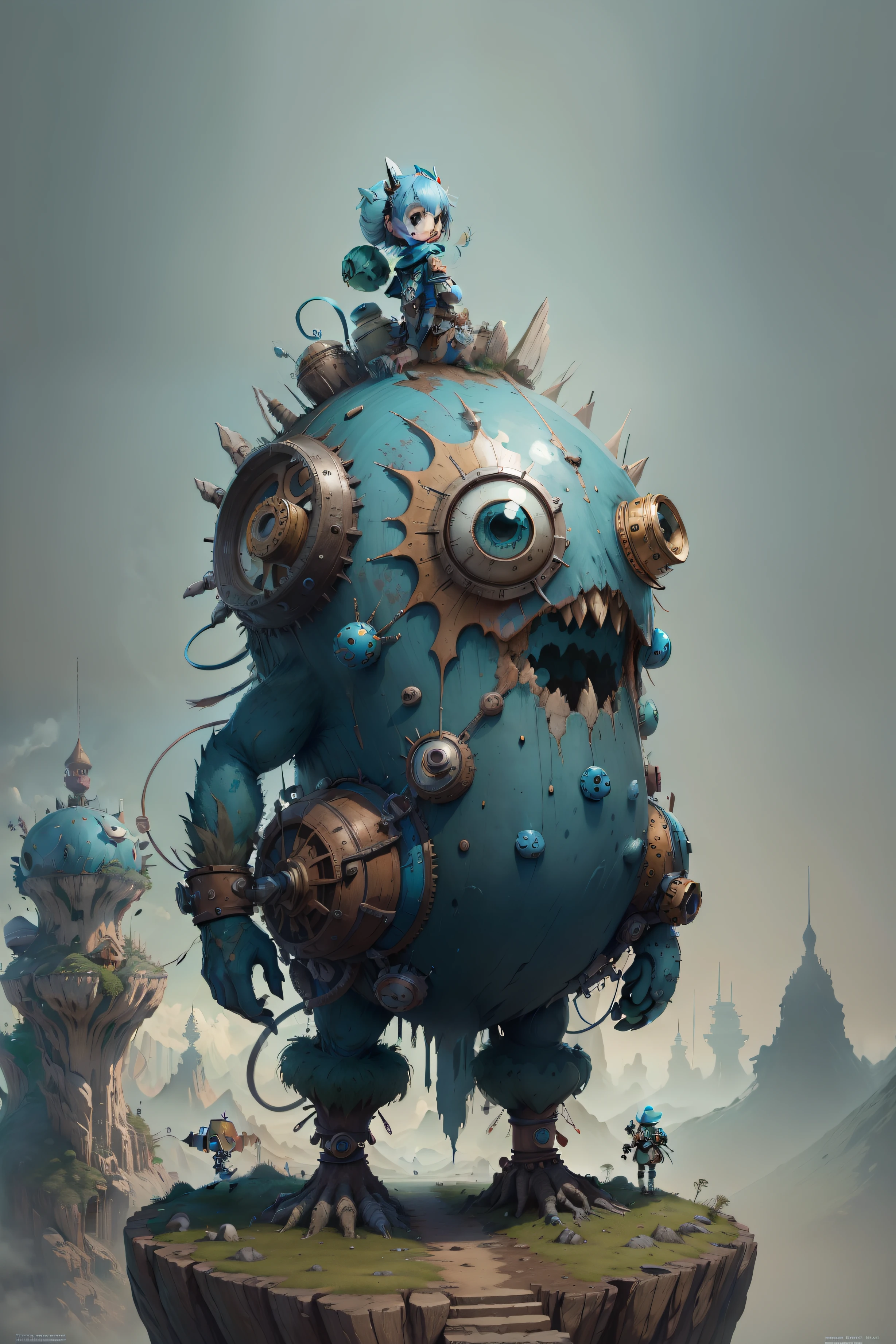 Character design, wierd + flaky + Funny + whimsical + light blue + whimsical + uncommon + divergent + Irregular + unorthodox, Photorealistic detailed costumes, Bannycore, les automatistes, The Tone of the Earth, Rustic kor, desertpunk, Minolta Riva Mini, Pure and crunchy steampunk ink, Isolated landscapes, Nabis, Soggy, inspired, Rough clusters, Cartoon character design, Neutral color palette,