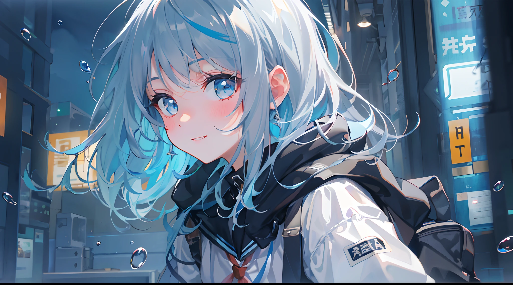 ((top-quality)), ((masterpiece)), ((ultra-detailliert)), (extremely delicate and beautiful), girl with, 独奏, cold attitude,((Black jacket)),She is very(relax)with the(Settled down)Looks,A dark-haired, depth of fields,evil smile,Bubble, under the water, Air bubble,bright light blue eyes,Inner color with light blue hair and dark blue tips,Cold background,Bob Hair - Linear Art, shortpants、knee high socks、White uniform like school uniform、Light blue ribbon ties、Clothes are sheer、Hands in pockets
