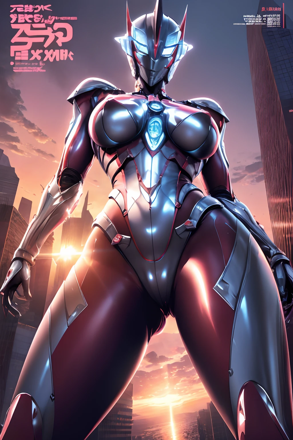 (Magazine Cover:1.4),Bold text、masutepiece, Best Quality, hight resolution,Realistic,Upper body,
1girll,Female Ultraman,Large breasts,an enormous woman,Mecha Ultraman, Looking at Viewer,Blue, Gold and pink power armor, full armor, (translucent:1.4),(Stance:1.1),biomechanical,
building background、Mini City,metal reflective, Dramatic Lighting,。.3D, super detailed, Octane Render,NSFW,(victory pose:1.3),(Cameltoe:1.2)、From below、Spread legs、show off groin,groin focus ,Spread legs,No hair,urban backdrop、the morning sun,(setting up :1.3),Sitting