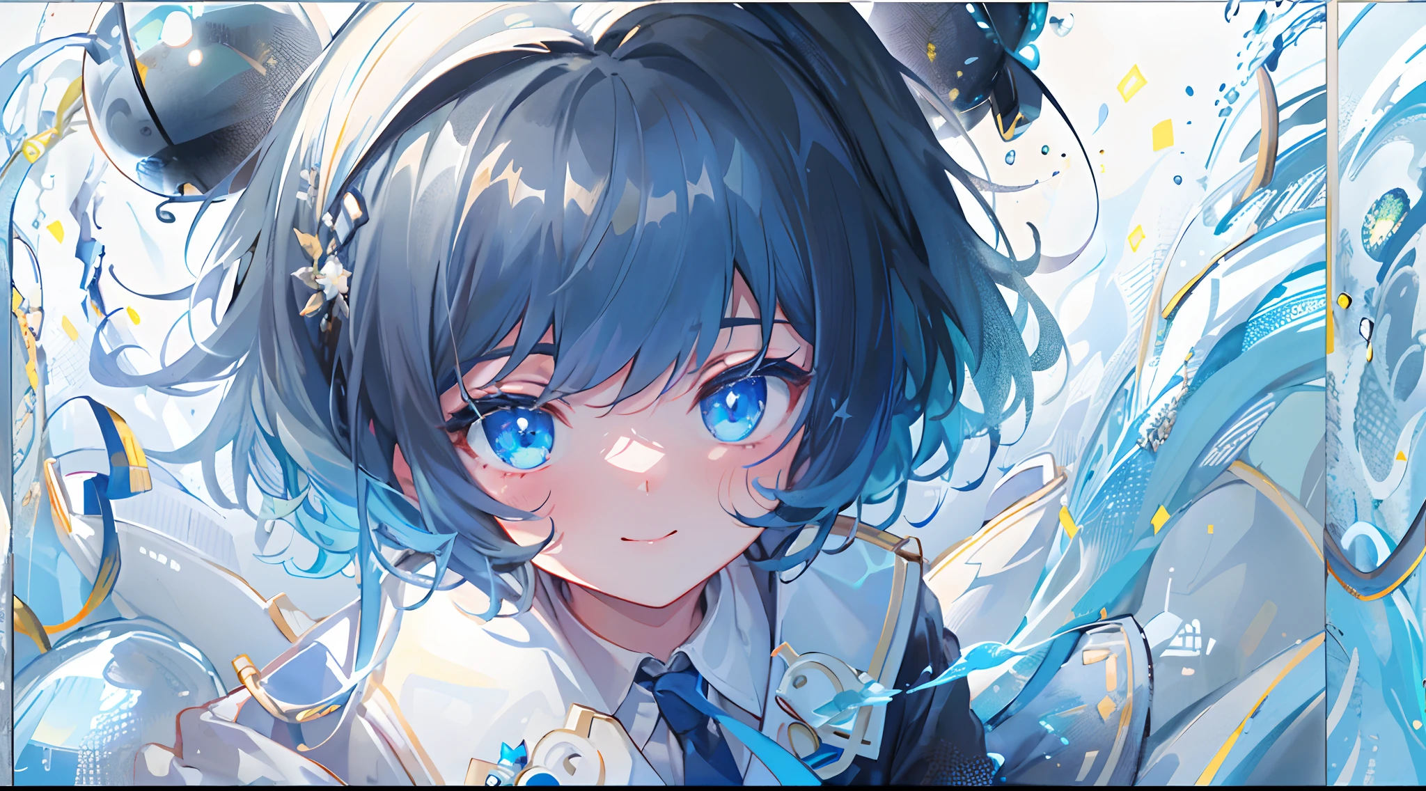 ((top-quality)), ((​masterpiece)), ((ultra-detailliert)), (extremely delicate and beautiful), girl with, 独奏, cold attitude,((Black jacket)),She is very(relax)with  the(Settled down)Looks,A dark-haired, depth of fields,evil smile,Bubble, under the water, Air bubble,bright light blue eyes,Inner color with light blue hair and dark blue tips,Cold background,Bob Hair - Linear Art, shortpants、knee high socks、White uniform like school uniform、Light blue ribbon ties、Clothes are sheer、Hands in pockets