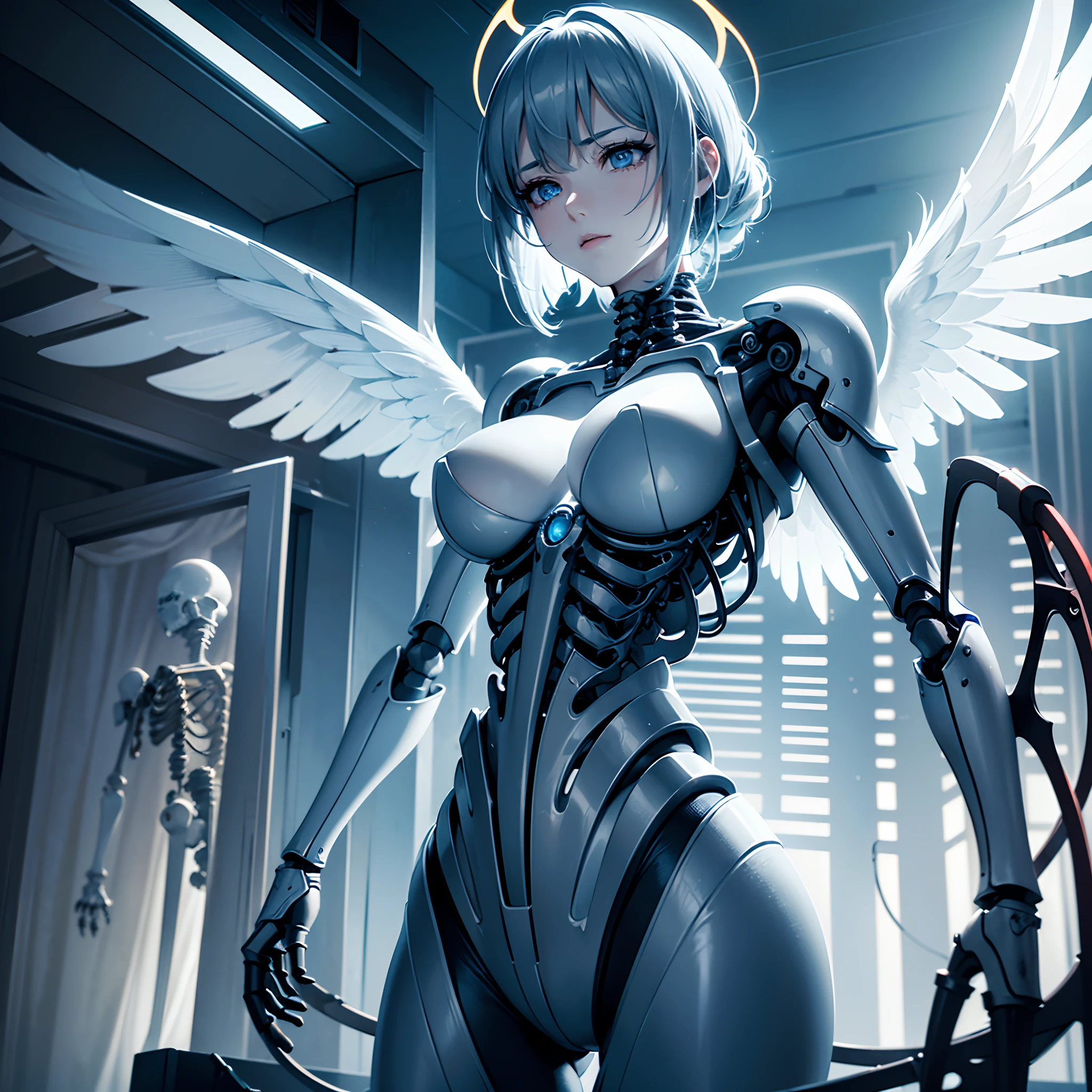 (​masterpiece), (top-quality), ​masterpiece, (High Definition CG Illustration), ((extremely delicate and beautiful)), (Since a while ago), Cinematic Light, Beautiful but cruel, Erotic and grotesque mechanical girl wearing cyberpunk sunglasses, super realistic details, portlate, globalillumination, Shadow, ultra-sharp, Convoluted, ornaments detailed, cold color, metals, highly intricate detail, Realistic light, CGSoation Trends, radiant eyes, neon details, Mechanical limbs, blood vessels connected to tubes, Mechanical vertebrae attached to the back, mechanical cervial attaching to the neck, Wires and cables connecting to the head, slightly larger breasts, Slightly larger buttocks, ((lamentation)), ((Angel wings)), (Emphasis on mechanical skeleton,Emphasis on mechanical interiors,Put a little emphasis on mechanical bones), clear light blue eyes, Realistic physical breasts, Soft breasts, Light blue mechanic, Red Eyes, Exposed