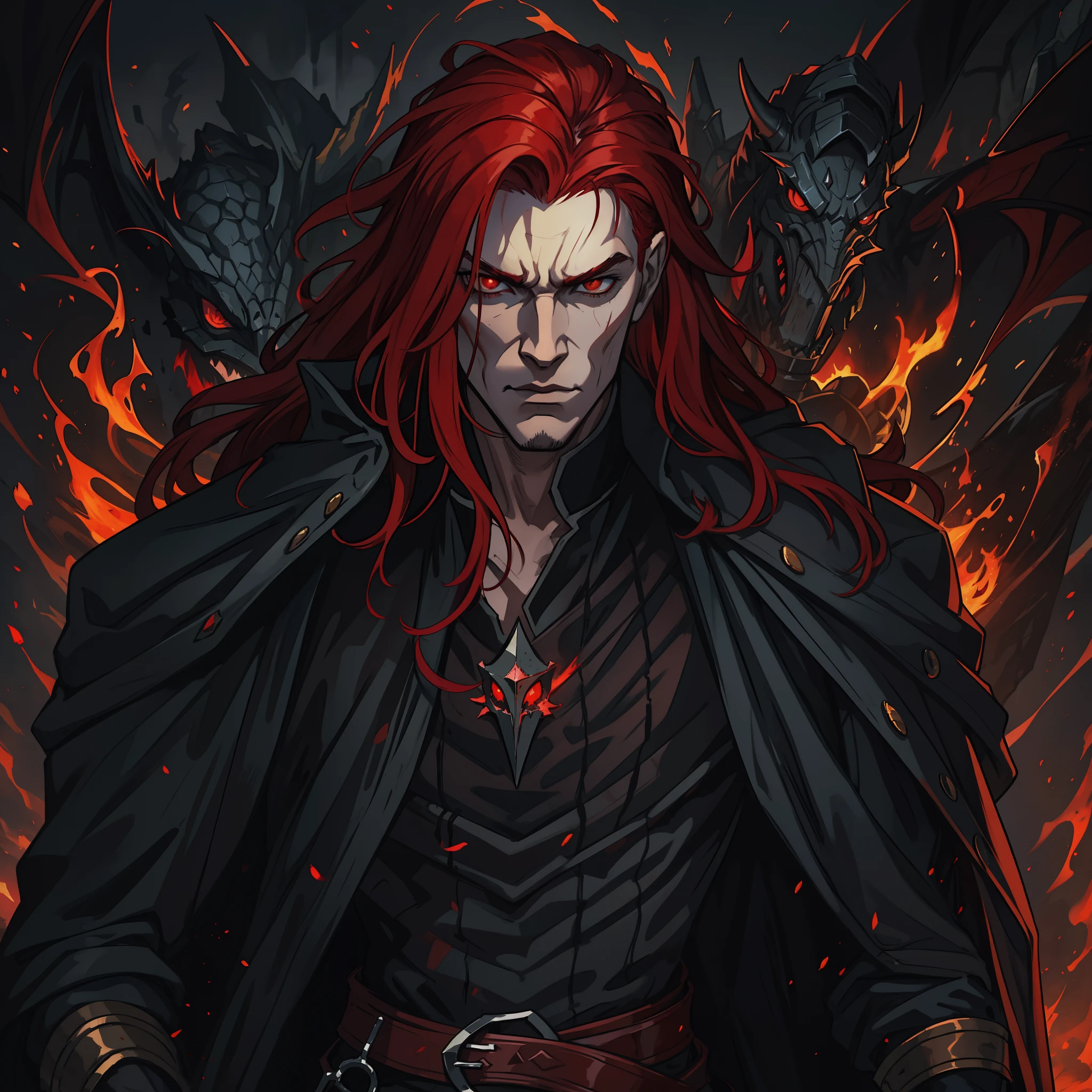 A handsome man with long red hair and red eyes like a king of dragons in a dark castle of black rocks dark colors he is wearing clothes of a dark and elegant king as a bloodthirsty villain is the villain of an RPG is wearing dark medieval clothes Use dark shades The image has to portray the essence of a villain in dragon clothes the essence of fire it is inspired by the volcanoes its dark essence through a medieval RPG art Conceptual Game Art rpg medieval art art illustration rpg he is young and beautiful a villain with an impressive beauty like that of a vampire