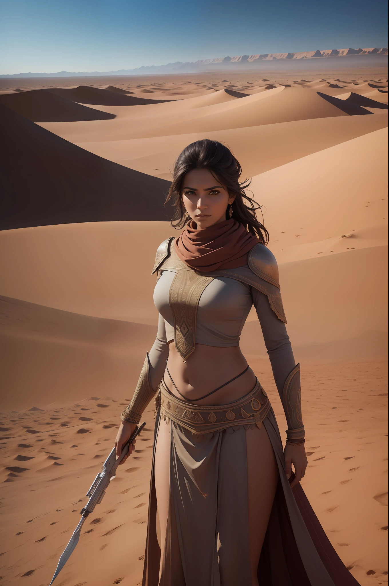 masterpiece, best quality, sivir, circlet, white scarf, bandeau, gauntlets, pelvic curtain, thighhighs, boots, shiny skin, large breasts, from side, walking, looking at viewer, serious, furrowed brow, desert, palm trees, sandstorm <lora:sivir-nvwls-v2-000012:0.9>