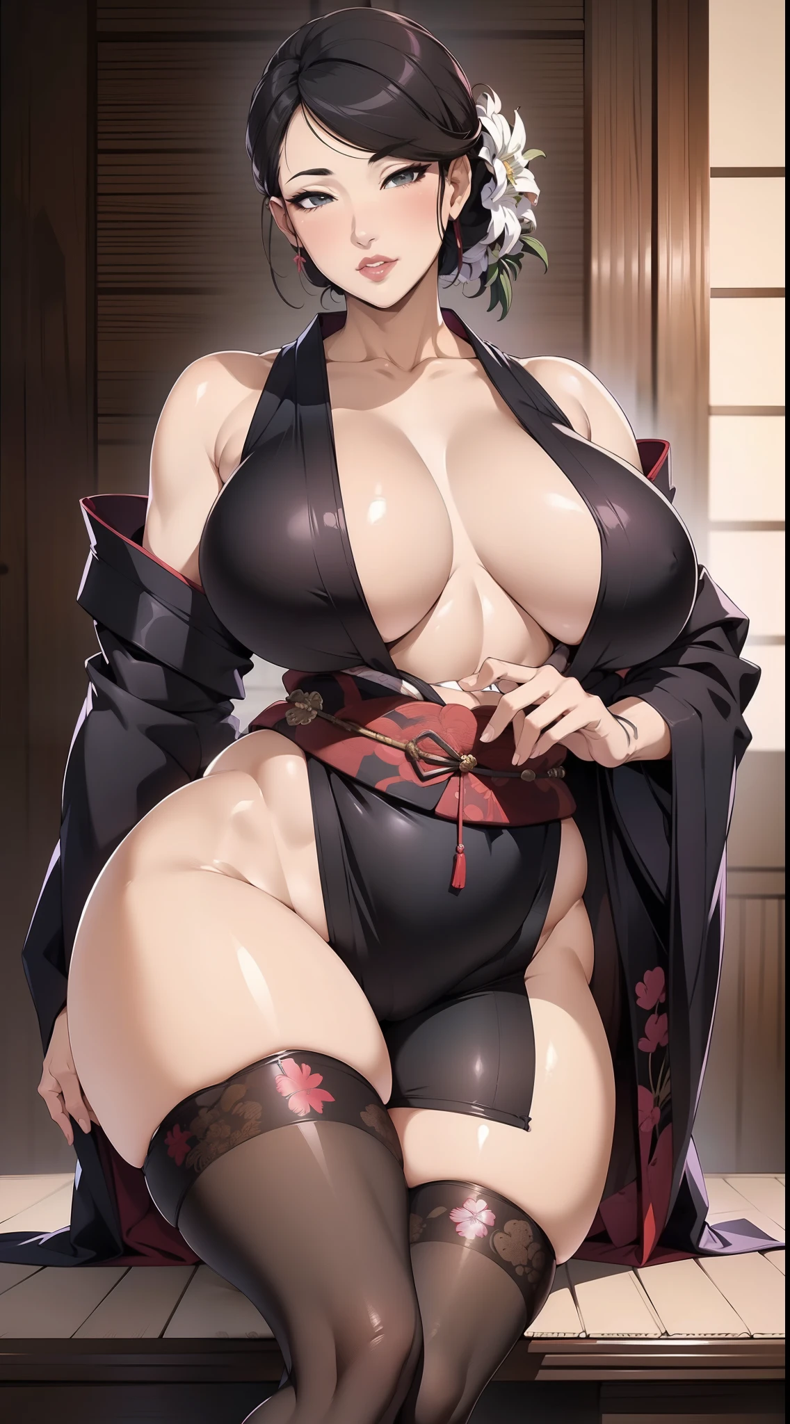 Beautiful mature Japanese woman， detailed finger， beautiful hand， hyper realisitc， 1 woman，Sagging breasts， Bewitching body，brunette color hair，， Super detailed face， Detailed lips， Detailed eyes， Single Eyelids， no clothes are worn，Wear black stockings on both legs， Sagging chest， Side posture， visible curves，The entire body is depicted in detail，sexy big breasts exposed，seductiv，seduce，Bare pubic hair，Bare armpit hair，Orgasmic face，Black embroidered luxury kimono，Beautiful feet，Plump thighs，The abdomen has abdominal muscles，Obscene lines on the abdomen