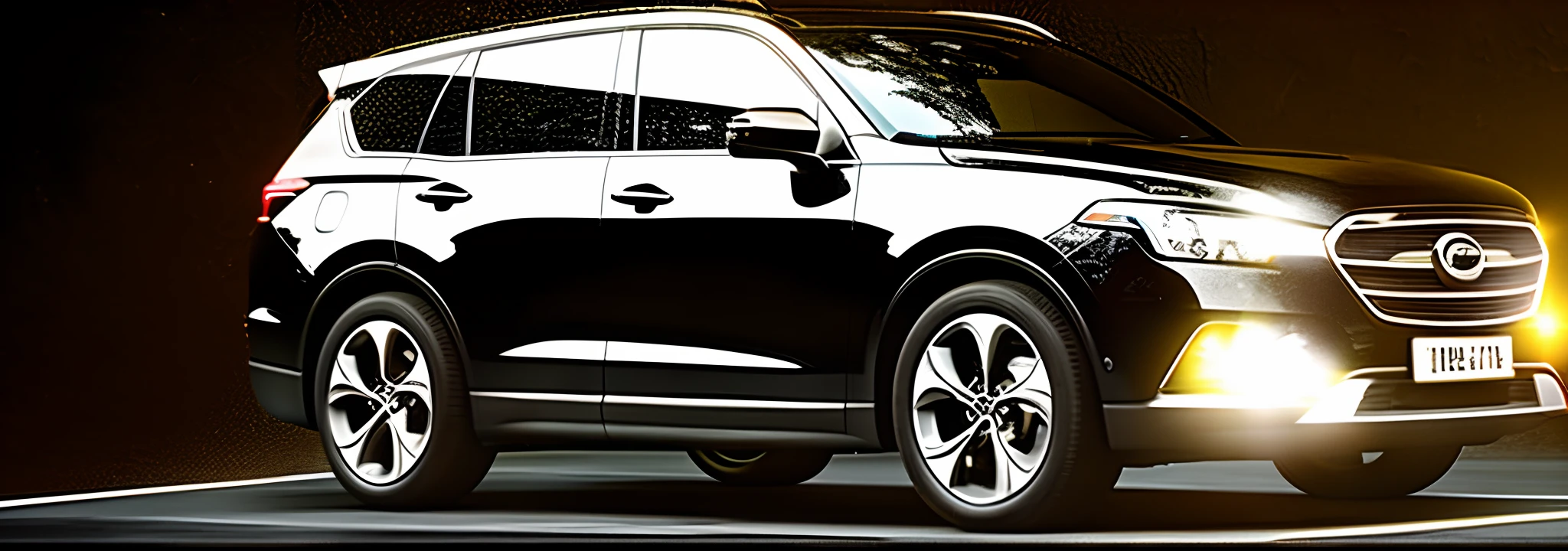 Close-up of a black SUV parked in a dark room, teaser, 🤬 🤮 💕 🎀, Black car, commercial photograph, portrait shooting, full body close-up shot, photorender, [ Cinematic, all black matte product, image in high resolution, black main color, promo photo, subtle detailing, ultra-delicate, Black color scheme, high-quality picture，Original photo of a car driving towards the city. Vintage wave style --auto