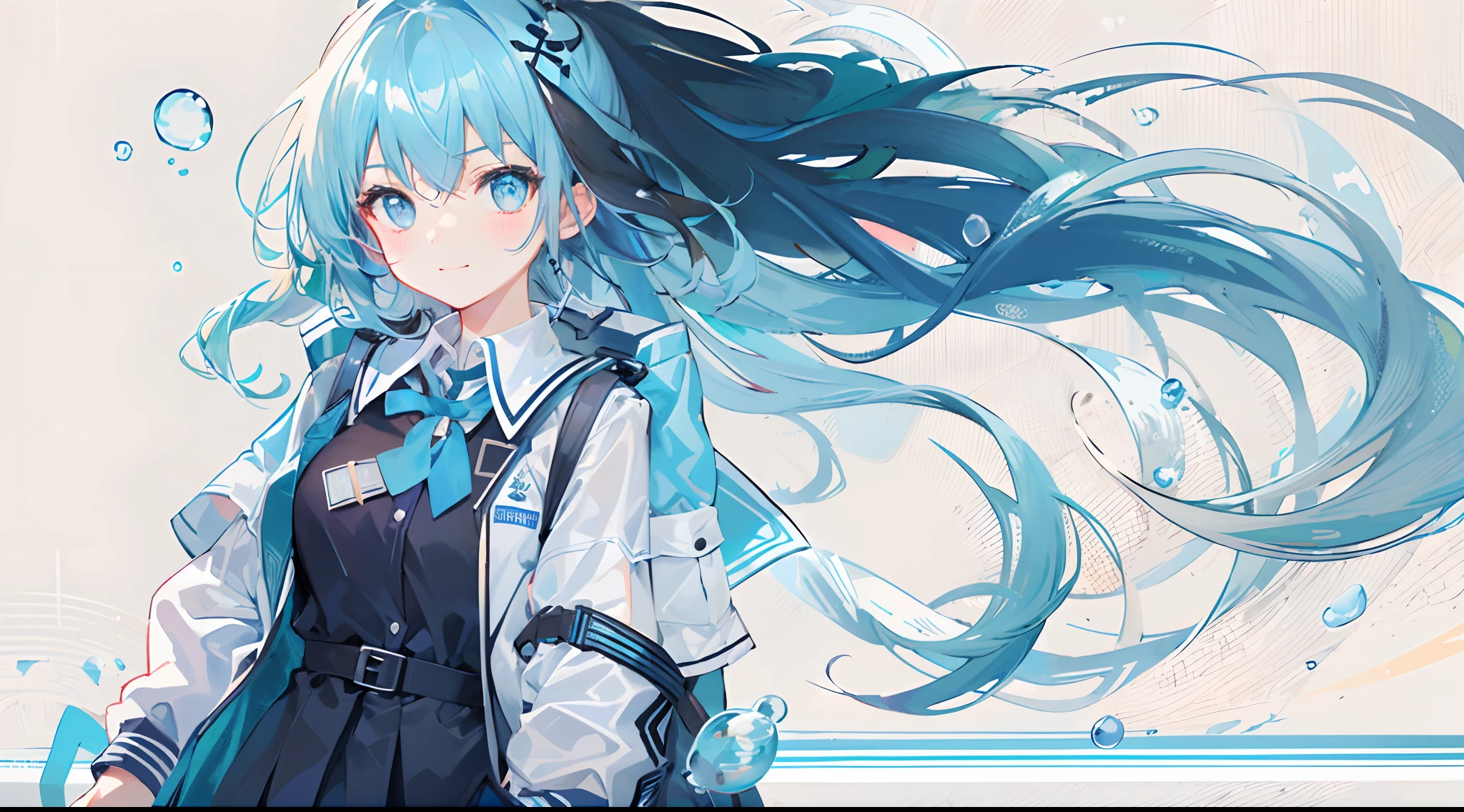 ((top-quality)), ((​masterpiece)), ((ultra-detailliert)), (extremely delicate and beautiful), girl with, 独奏, cold attitude,((Black jacket)),She is very(relax)with  the(Settled down)Looks,A dark-haired, depth of fields,evil smile,Bubble, under the water, Air bubble,bright light blue eyes,Inner color with light blue hair and dark blue tips,Cold background,Bob Hair - Linear Art, shortpants、knee high socks、White uniform like school uniform、Light blue ribbon ties、Clothes are sheer、Hands in pockets