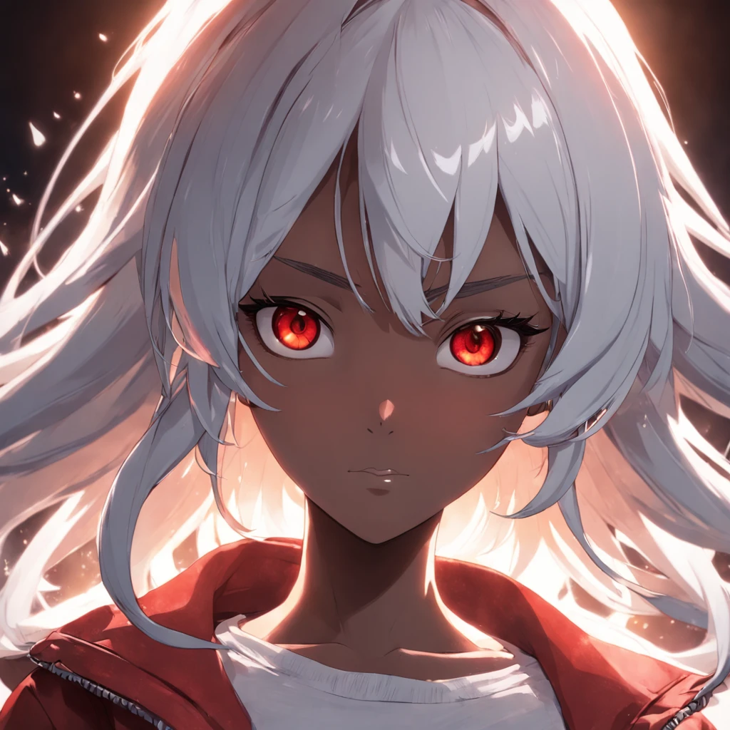 Female, age 16, 3D , front image, dark skin color, white hair color, clothing, white T-shirt with red jacket, looking at viewer, solo, upper body, ((masterpiece)), (best quality), (extremely detailed), depth of field, sketch, dark intense shadows, sharp focus, soft lighting, hdr, colorful, good composition, spectacular, anime screencap, detailed eye. detailed image, background. White, rendered in unreal, movie promo image, rendered image masterpiece, best quality, movie still, close-up, bright, happy, warm soft lighting, (sparks:0.7) masterpiece, best quality, movie still, close-up, bright, warm soft lighting, (sparks:0.7)
