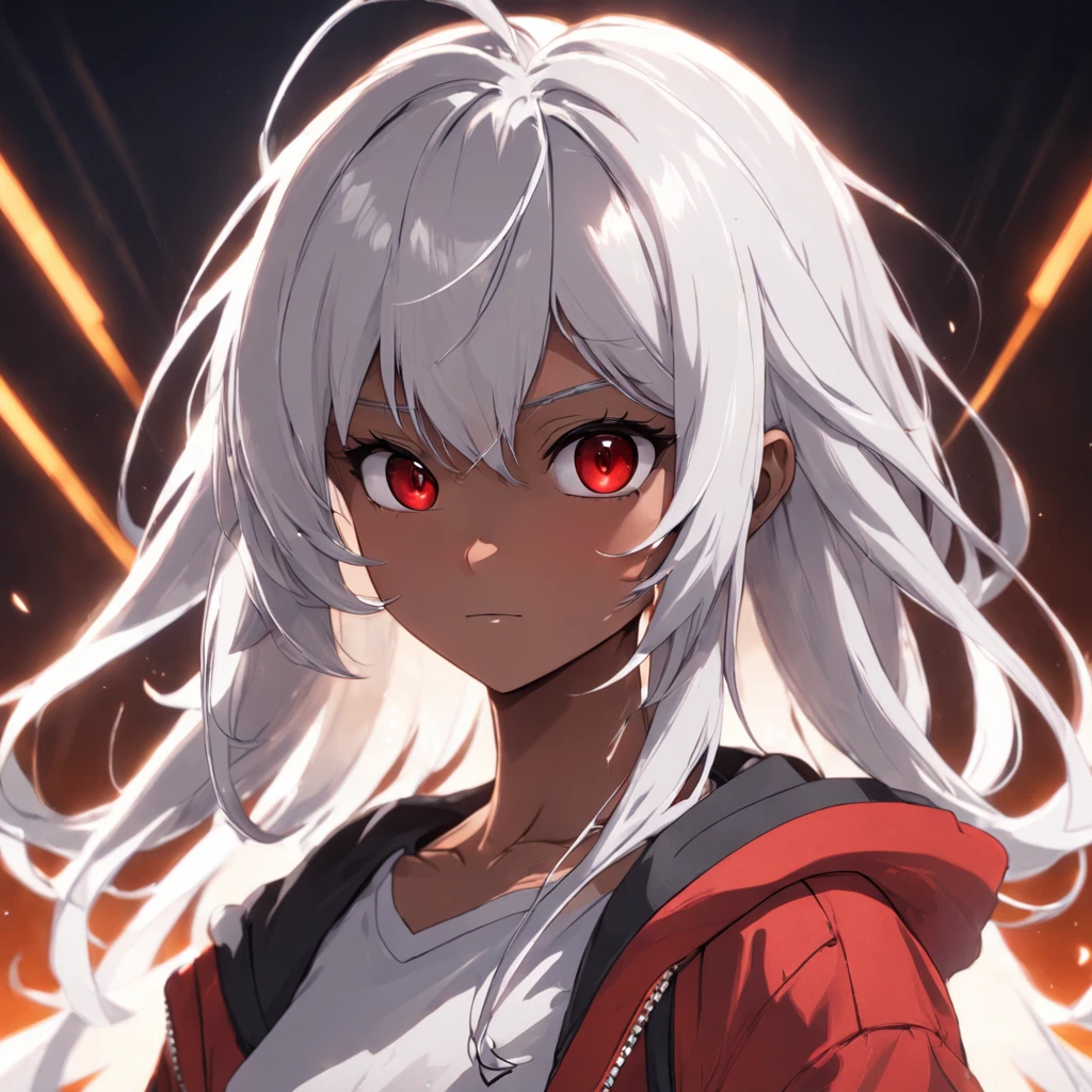 Female, , 3D , front image, dark skin color, white hair color, clothing, white T-shirt with red jacket, looking at viewer, solo, upper body, ((masterpiece)), (best quality), (extremely detailed), depth of field, sketch, dark intense shadows, sharp focus, soft lighting, hdr, colorful, good composition, spectacular, anime screencap, detailed eye. detailed image, background. White, rendered in unreal, movie promo image, rendered image masterpiece, best quality, movie still, close-up, bright, happy, warm soft lighting, (sparks:0.7) masterpiece, best quality, movie still, close-up, bright, warm soft lighting, (sparks:0.7)