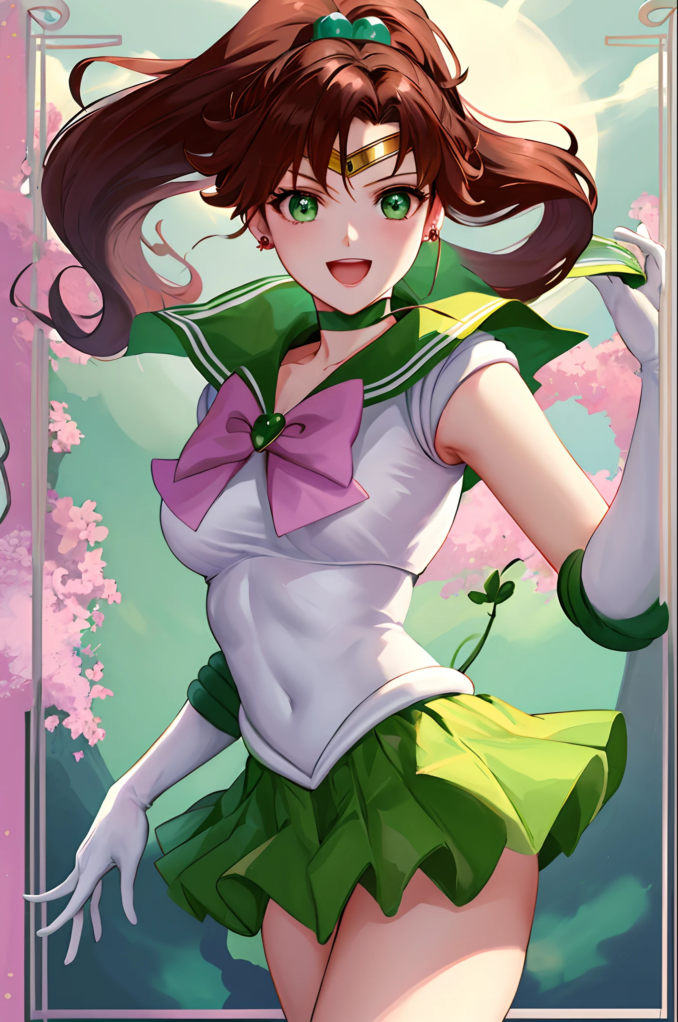 masterpiece, best quality, highres, hmjupiter, green eyes, ponytail, tiara, jewelry, sailor senshi uniform, green sailor collar, choker, elbow gloves, white gloves, pink bow, brooch, leotard, green skirt, cowboy shot, standing, field, smile, open mouth,