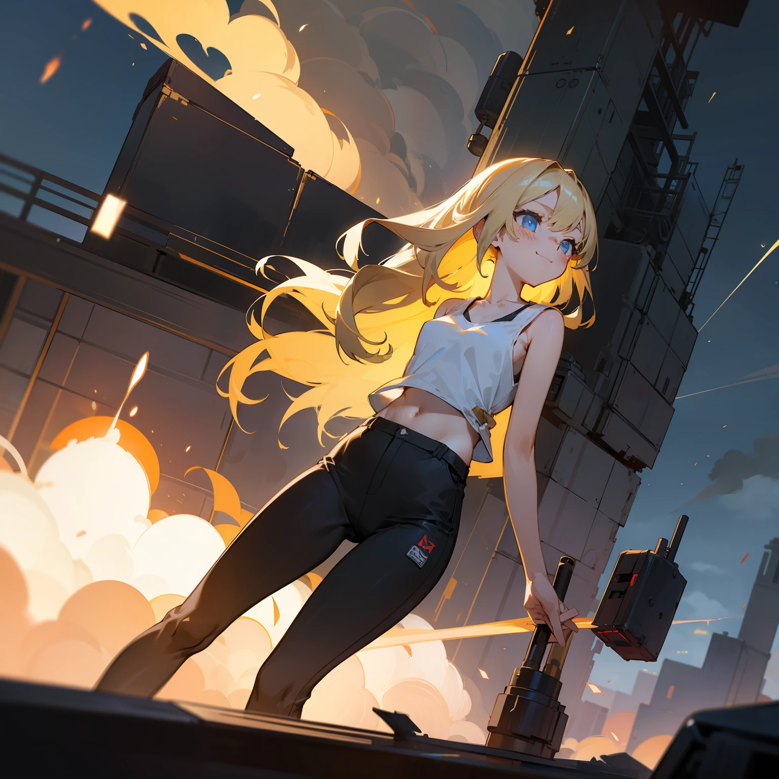 Explosion of a military base、big explosion、top-quality、masterpiece、超A high resolution、girl with、cute little、middle school girl、semi long hair、A smile、the perfect body、beautiful countenance、Tindall Effect、Black tank top、Black skinny pants、during night、by night、a blond、Blonde girl、Blue eyes、A girl is blowing up a building、Invade the base