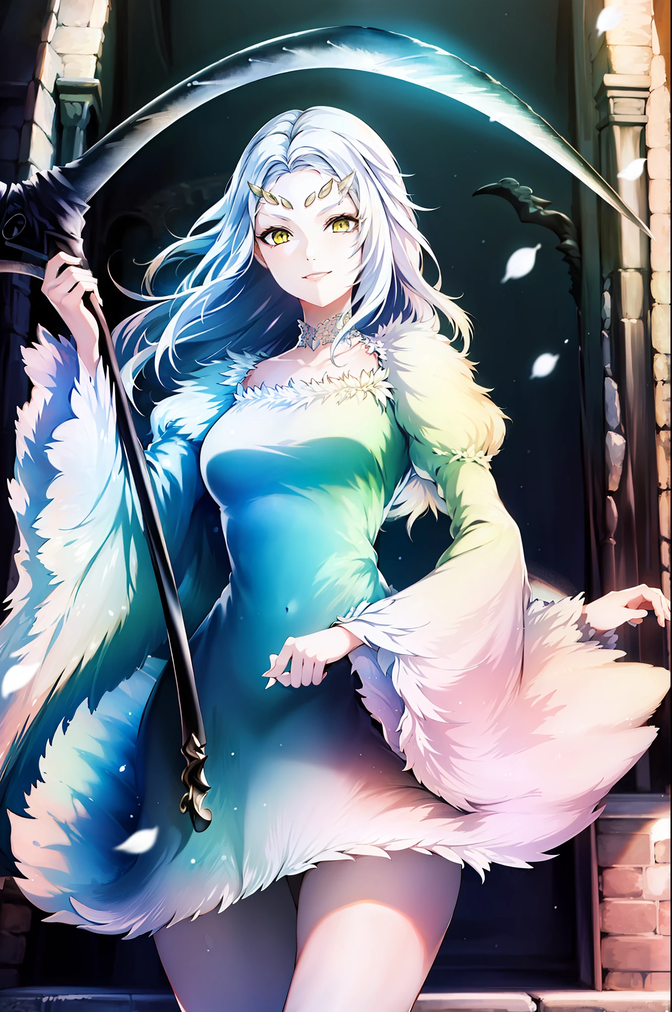 ((masterpiece)), ((best quality)), ((highres)), ((finely detail)), 1girl,priscilla the crossbreed, holding scythe, white dress, full body,smile,priscilla the crossbreed