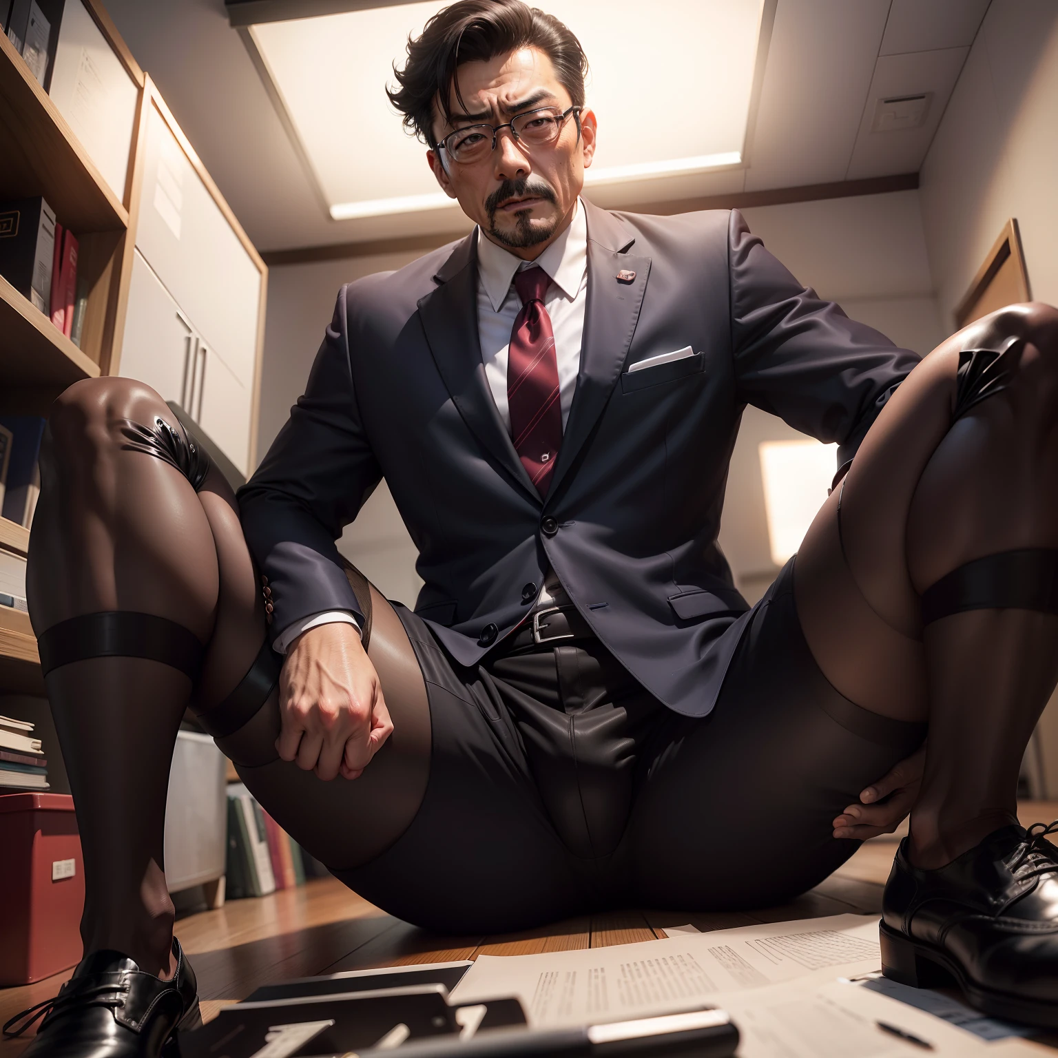 age 55,Kogoro Mouri,uncle,Tong,Bulge,Sitting in the office,Black short stockings,Slip leather shoes,lbeard,fortitude,k hd,artwork of a,look of anguish,Be red in the face,There is a white liquid on the legs,opening legs,wear suit,The crotch is raised