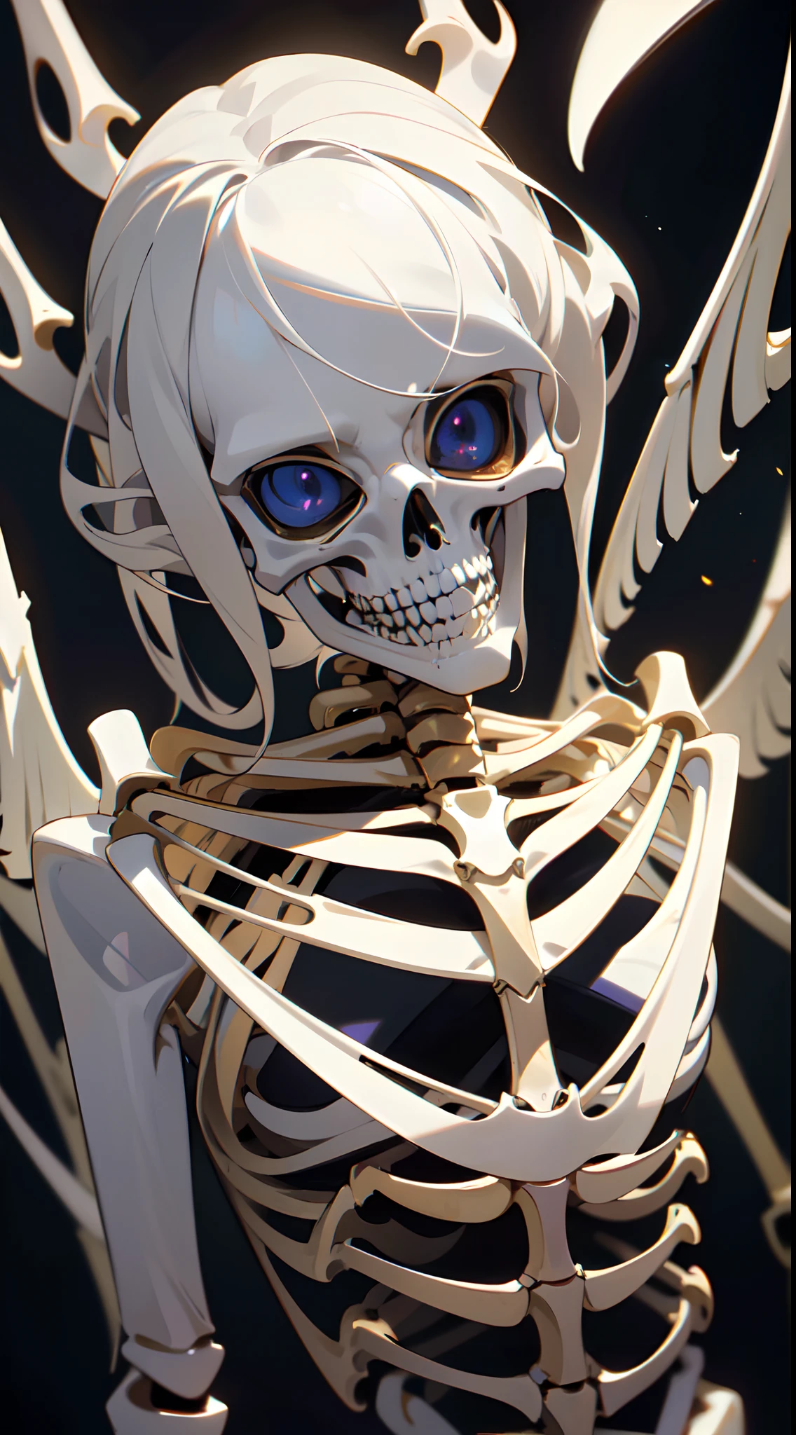 shoun,Coffee-colored skin,White color hair,short detailed hair,Gold eyes,There are a lot of red scars on the face,The body is the skeleton below the chest,There is a lot of blood,Half squat,With tears,