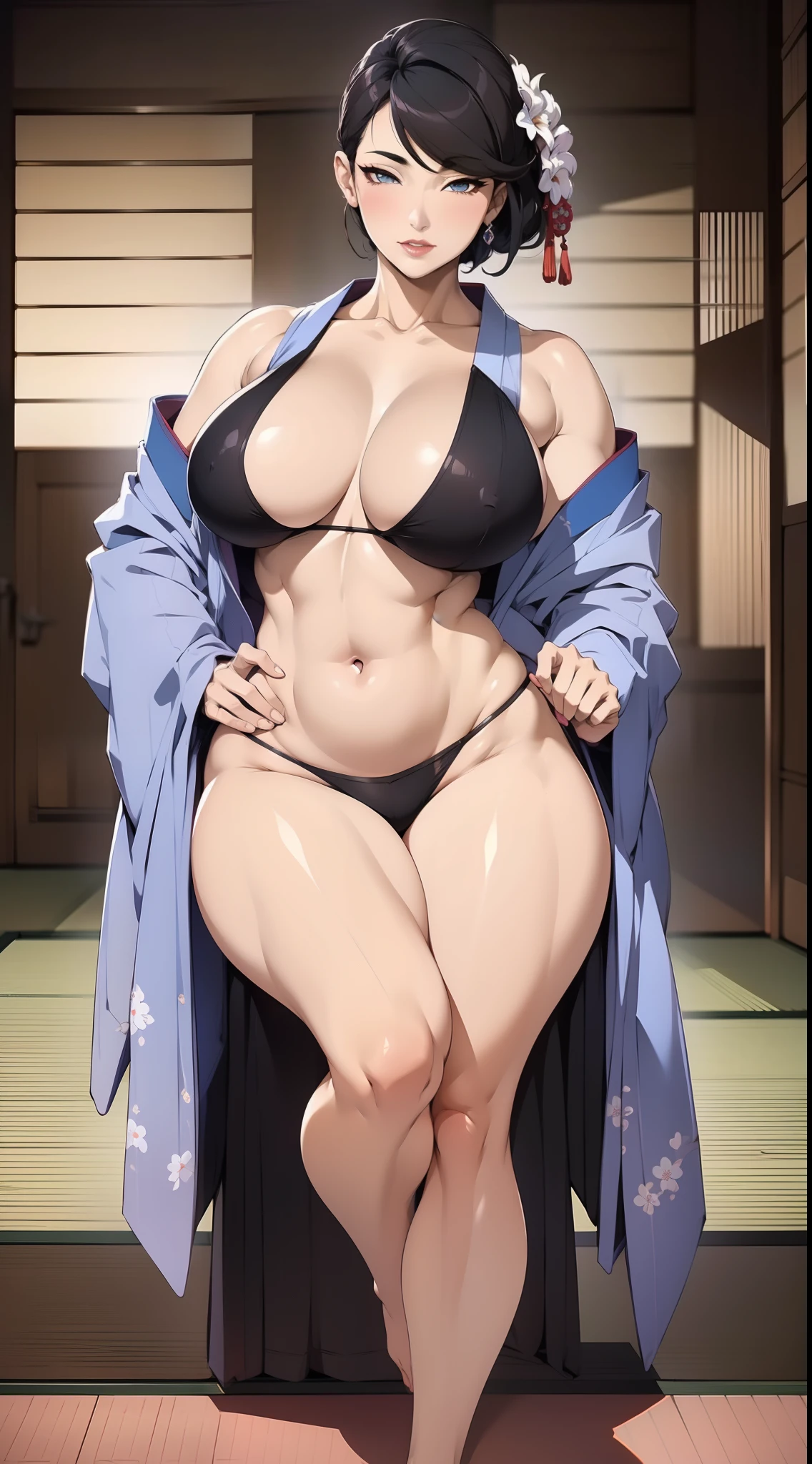 Beautiful mature Japanese woman， detailed finger， beautiful hand， hyper realisitc， 1 woman，Sagging breasts， Bewitching body，brunette color hair，， Super detailed face， Detailed lips， Detailed eyes， Single Eyelids， no clothes are worn，Black stockings on legs， Sagging chest， Side posture， visible curves，The entire body is depicted in detail，sexy big breasts exposed，seductiv，seduce，Bare pubic hair，Bare armpit hair，Orgasmic face，White embroidered luxury kimono，Beautiful feet，Plump thighs，The abdomen has abdominal muscles