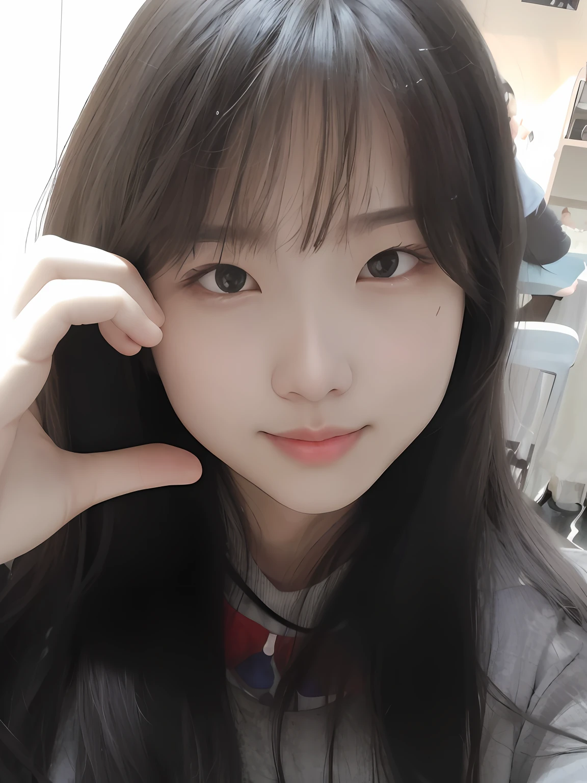 there is a woman with long hair and a gray shirt, young lovely Korean faces, wan adorable korean face, clear cute face, Cute natural anime face, 8k selfie photograph, soft round face, with cute - fine - face, girl cute-fine face, pale round face, Kawaii realistic portrait, Round cute face, with round face, beautiful round face