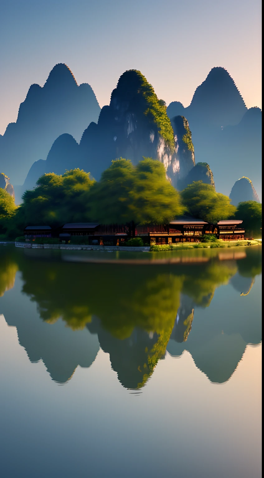 Masterpiece, best quality, extremely beautiful reflection, best reflection. (Very detailed CG 8K wallpaper), (best quality), (best illustration), (best shadow), landscape pictures of Guilin, photorealistic and early morning.