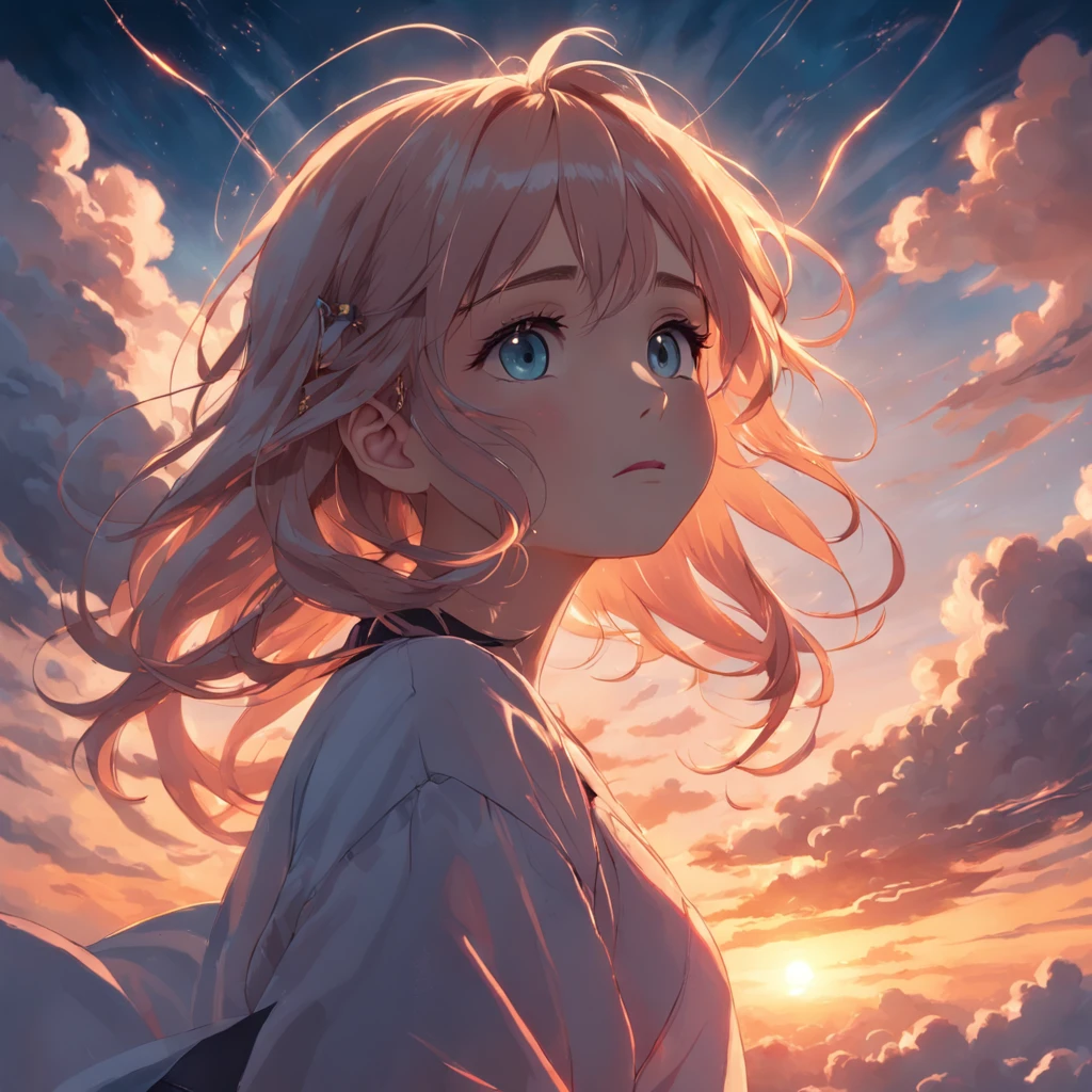 "Masterpiece, top-notch quality, cinematic shot, single female character, ethereal girl surrounded by clouds, suspended in the sky, close-up shot, vibrant and joyful atmosphere, warm and soft lighting, sunset, subtle sparks (weight: 0.7)."