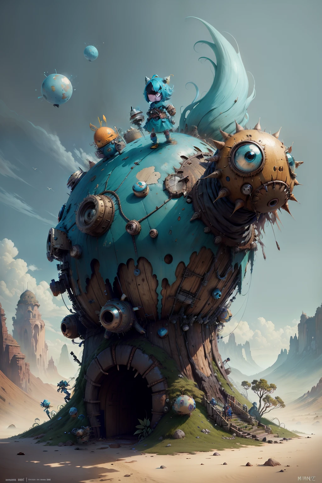 Character design, wierd + flaky + Funny + whimsical + light blue + whimsical + uncommon + divergent + Irregular + unorthodox, Photorealistic detailed costumes, Bannycore, les automatistes, The Tone of the Earth, Rustic kor, desertpunk, Minolta Riva Mini, Pure and crunchy steampunk ink, Isolated landscapes, Nabis, Soggy, inspired, Rough clusters, Cartoon character design, Neutral color palette,