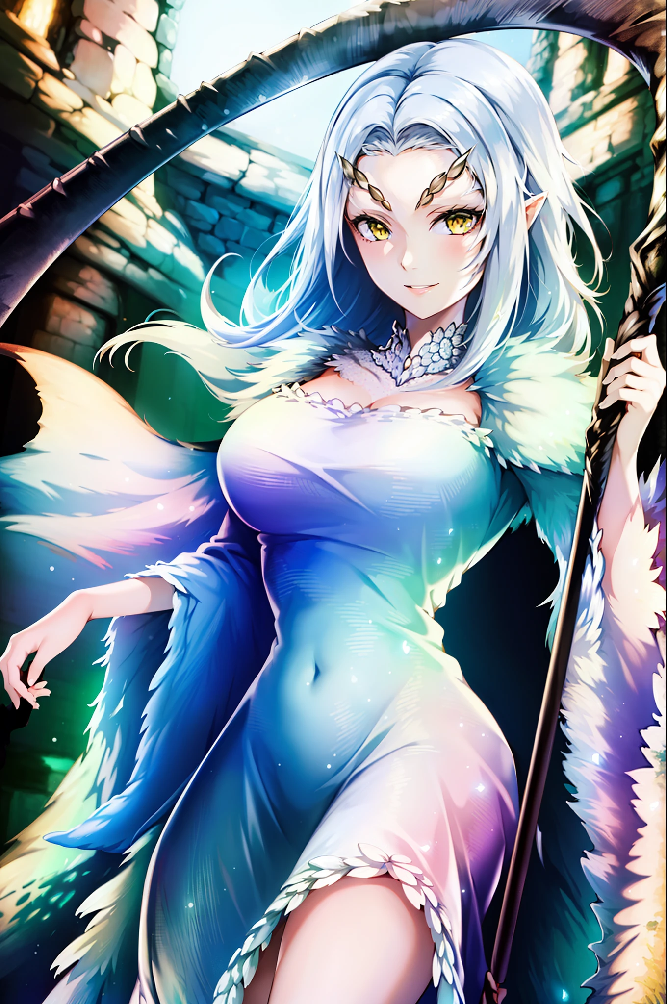 ((masterpiece)), ((best quality)), ((highres)), ((finely detail)), 1girl,priscilla the crossbreed, holding scythe, white dress, full body,smile,priscilla the crossbreed