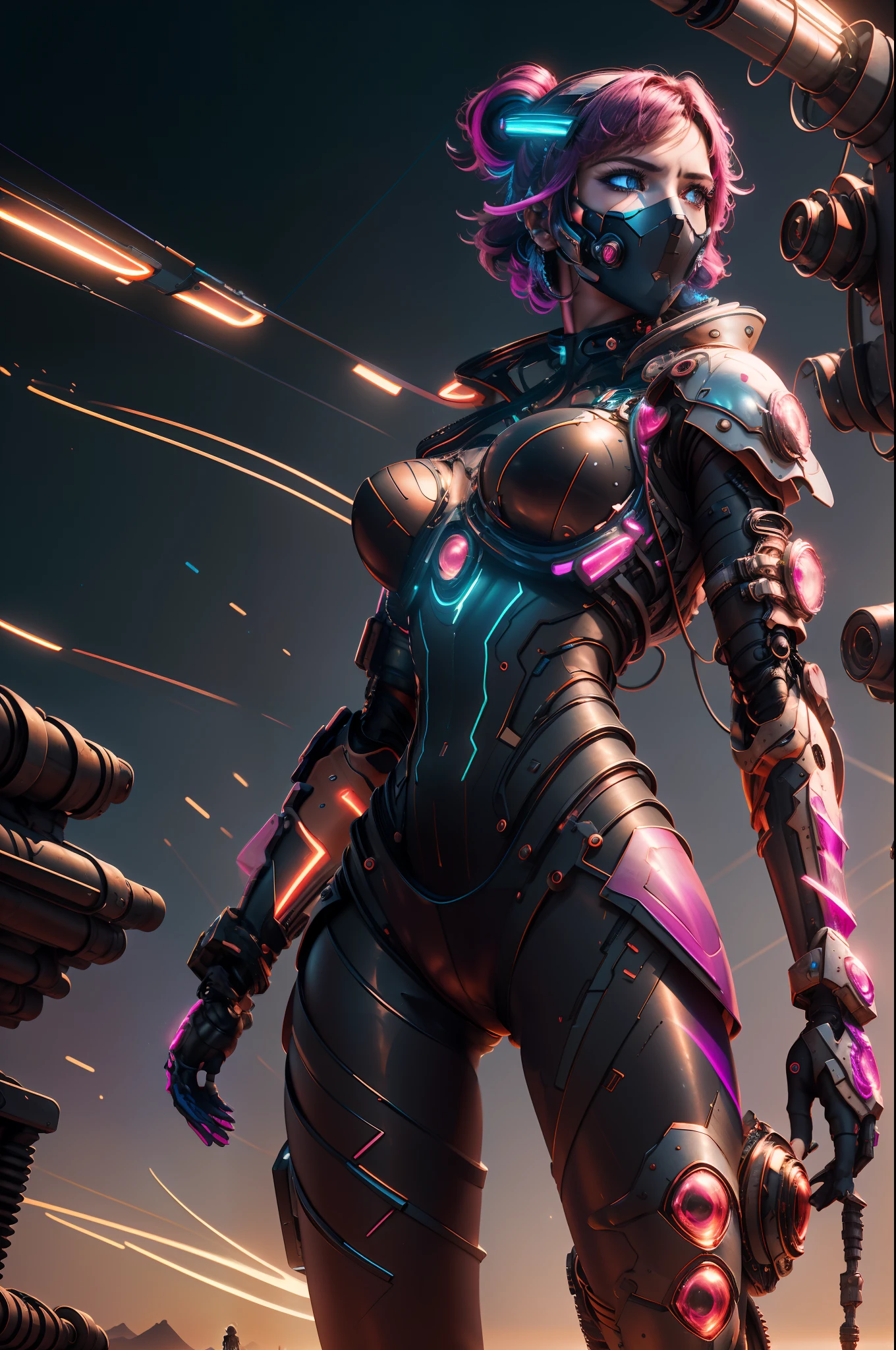 "woman stands alone amidst the endless expanse of the desert. 4k resolution, unmatched quality, meticulous detailing, and awe-inspiring sharpness. Embrace an cyber punk-inspired style fused with a palette of vibrant and neon colours. inspired by the movie mad max road furry"