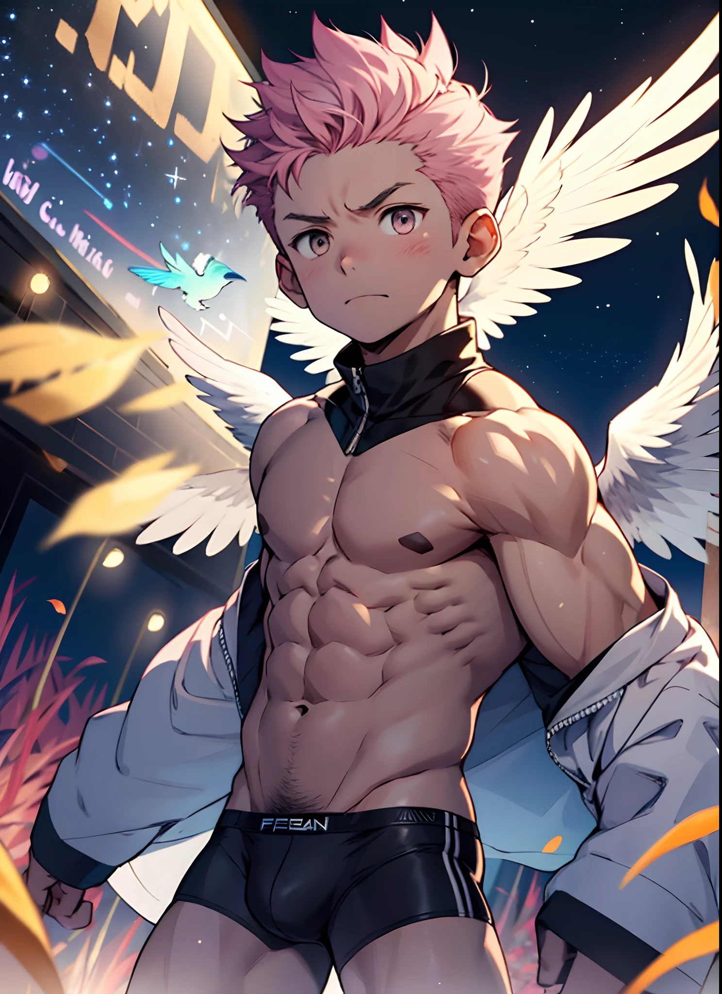 (masterpiece, best quality),Soar among the stars，Fly in the air，afloat，Light golden feathered wings，Pink briefs，Male children,nakeness,Kid's face，Flat chin，infancy,(Kid's face),Pink belly hair,Pink chest hair,Pink pubic hair,Flat chin,Fine face in detail,White men's briefs,musculous,pink short hair,Bright Hair,White eyes,Keep your eyes wide open,nakeness,White briefs,White briefs,Pectoralis abdominal muscles,Strong and well-developed muscles,bright,Bright and vivid colors,(depth of fields:1.2),Positive audience,looking at viewert,the night