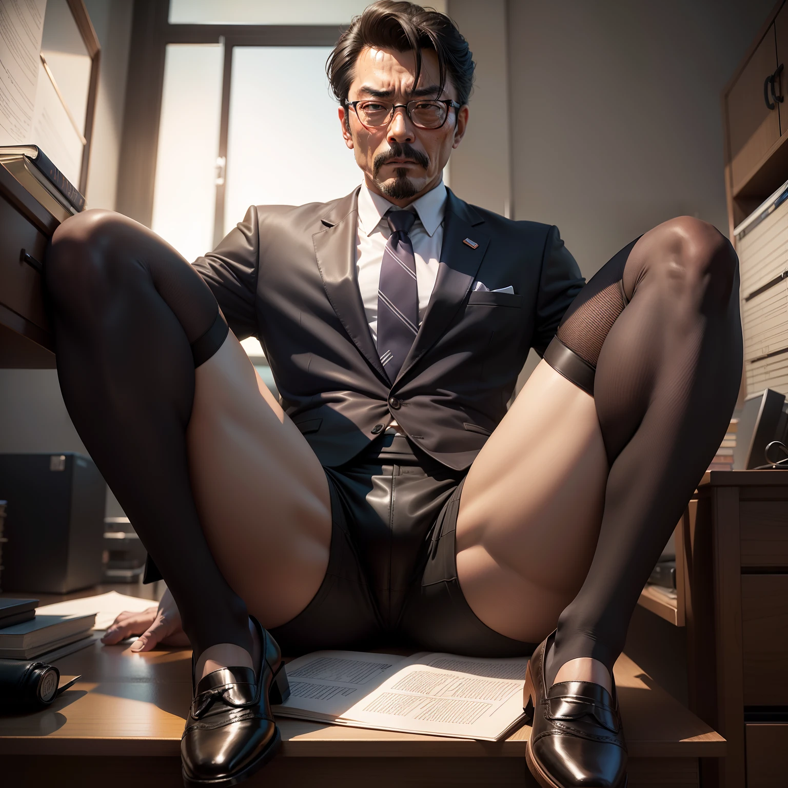 age 55，Kogoro Mouri，uncle，Tong，Bulge，Sitting in the office，Black short stockings，Slip leather shoes，lbeard，fortitude，k hd，artwork of a，A sour expression，Be red in the face，opening legs，wear suit，The crotch is raised