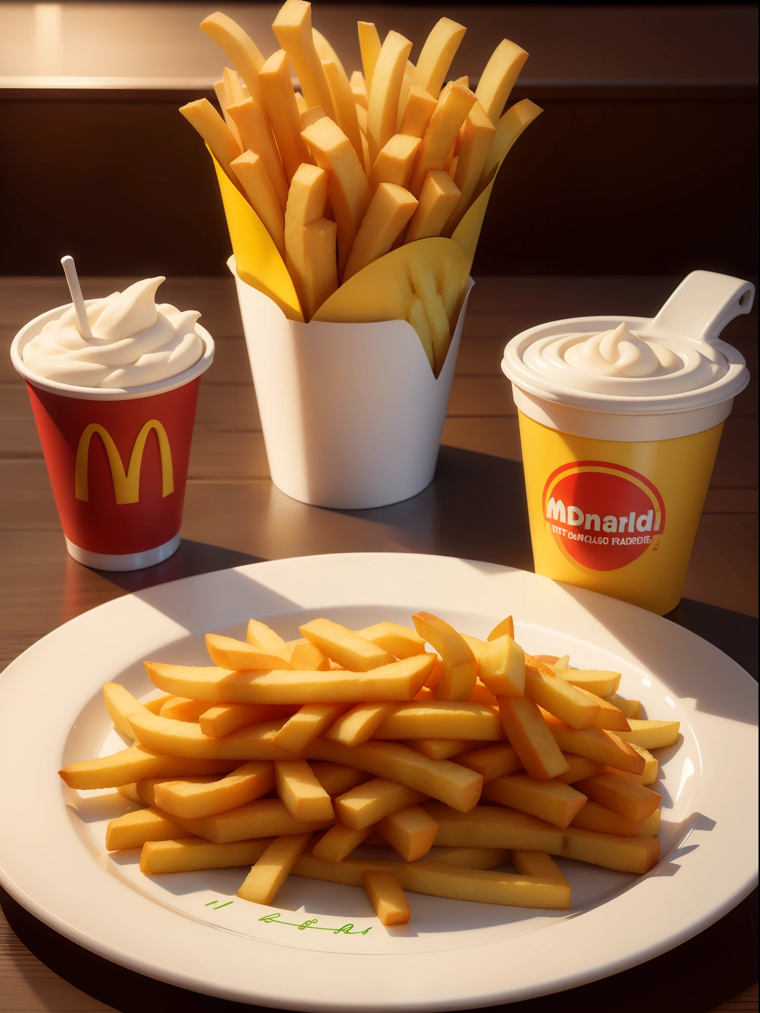 McDonald's logo on french fries drawn on a plate, Photorealistic, Photorealism, Full-HD, 1080p, 16k, Realistic, Hyperrealistic, Hyper Real, digital