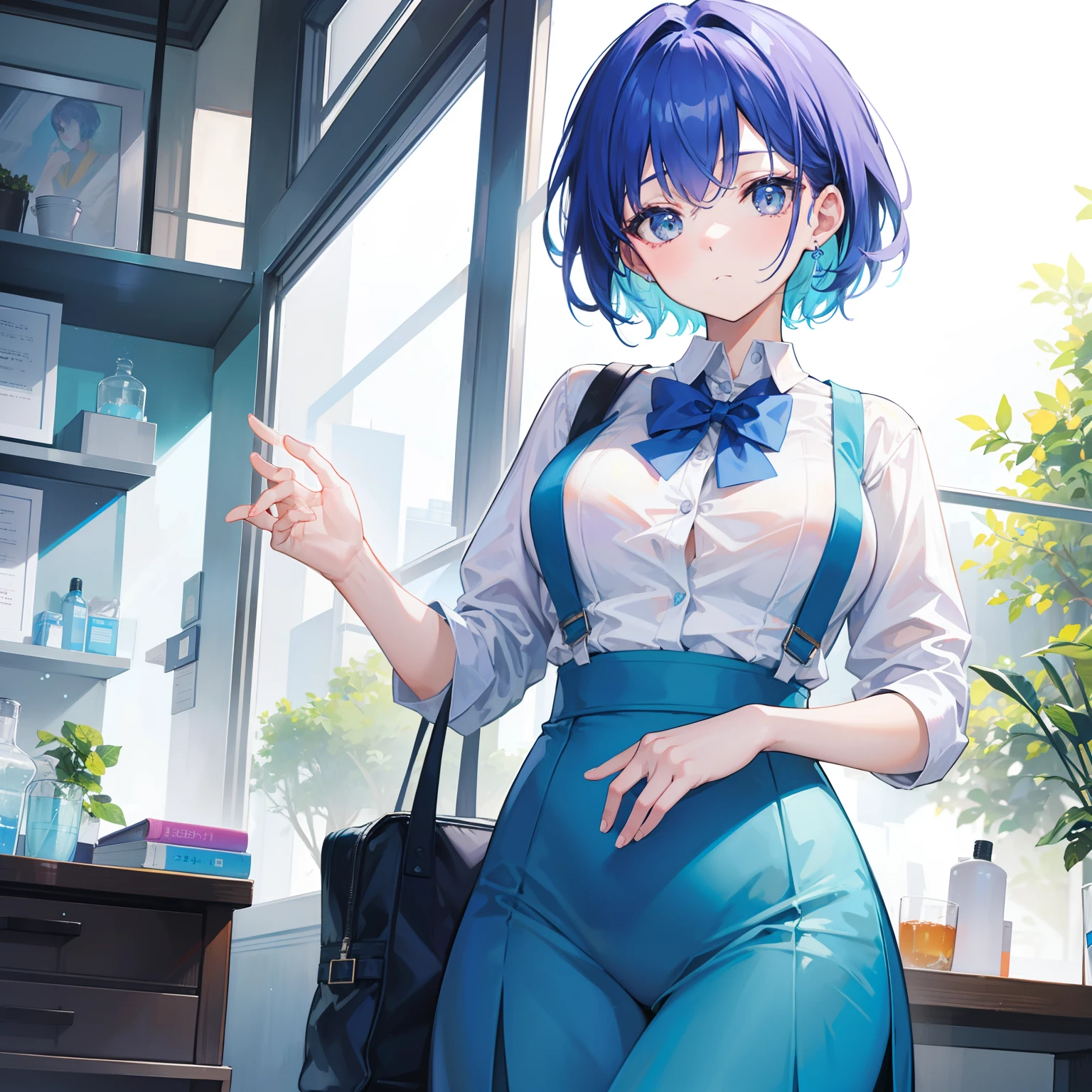 Blue-orange curls curved inward，It belongs to short hair，Wearing a cute light purple and light green teacher uniform，There is a strong sense of freshness and freshness，It is a refreshing beauty teacher