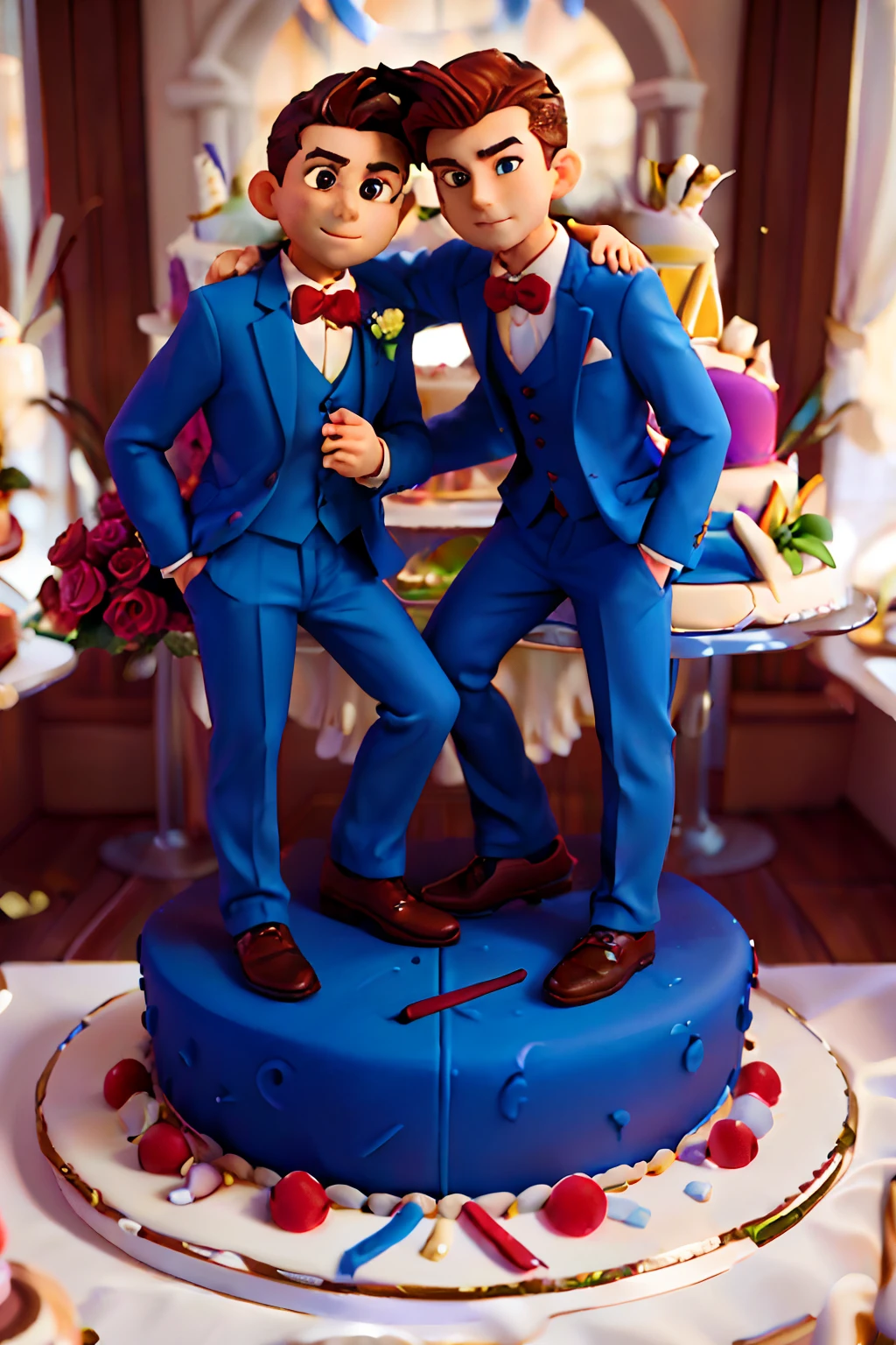 Wedding cake shape, (Cake style:1.2), (Masterpiece, Best quality), (2 boys in suits: 1) Stand on the cake, full bodyesbian