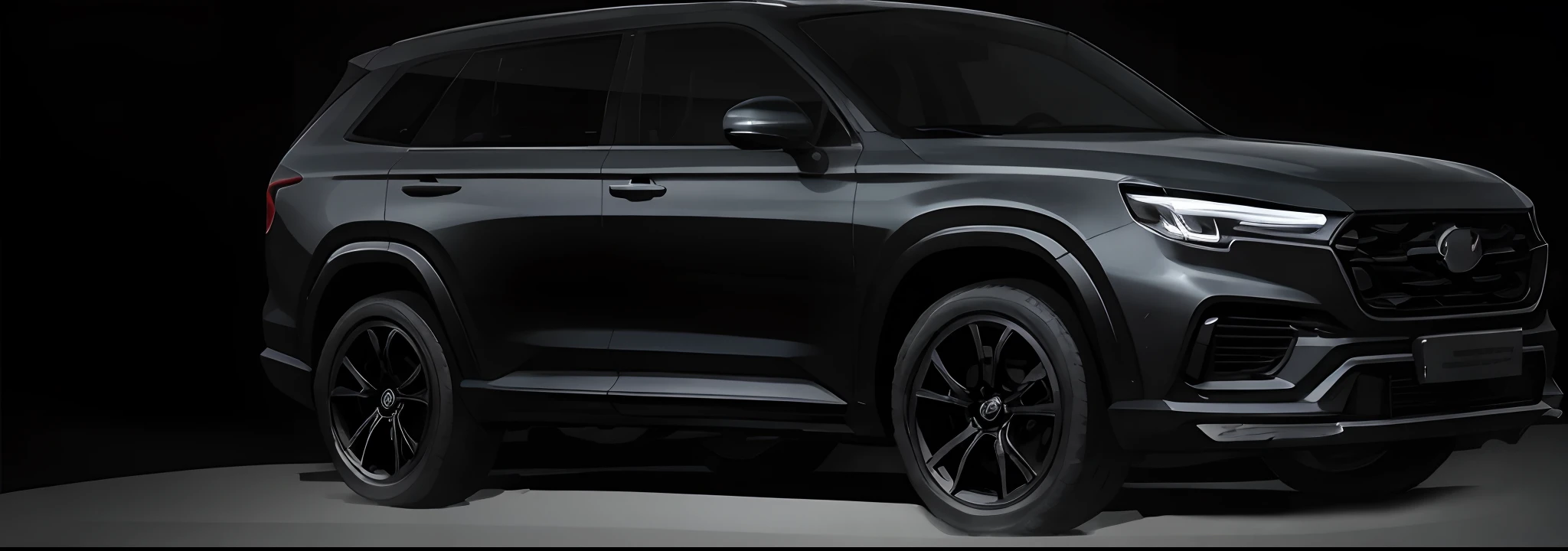 Close-up of a black SUV parked in a dark room, teaser, 🤬 🤮 💕 🎀, Black car, commercial photograph, portrait shooting, full body close-up shot, photorender, [ Cinematic, all black matte product, image in high resolution, black main color, promo photo, subtle detailing, Black color scheme, ultra-delicate, high-quality picture