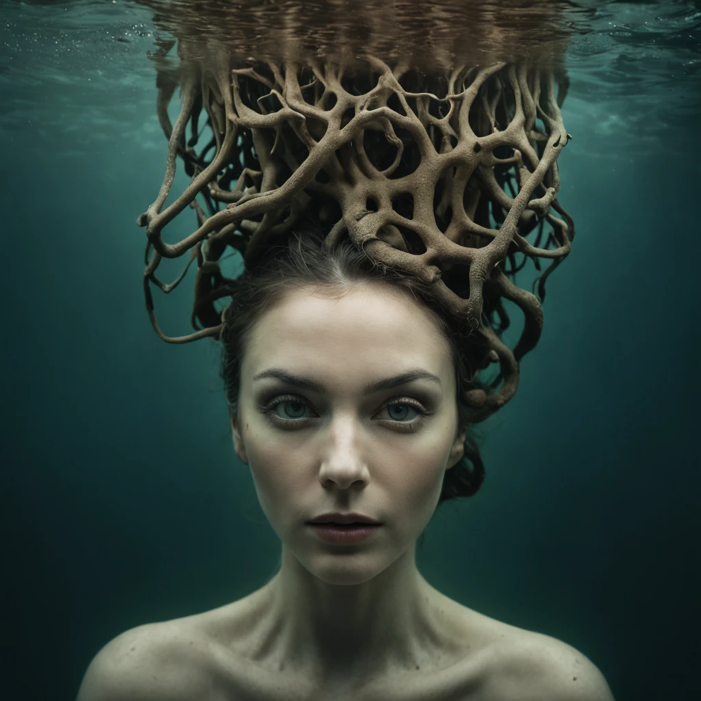 Tree root morphing lady head underwater, beautiful surreal portrait, photography alexey gurylev, dark surreal art, brooke shaden detailed, surreal dark fantasy, submerged dramatic