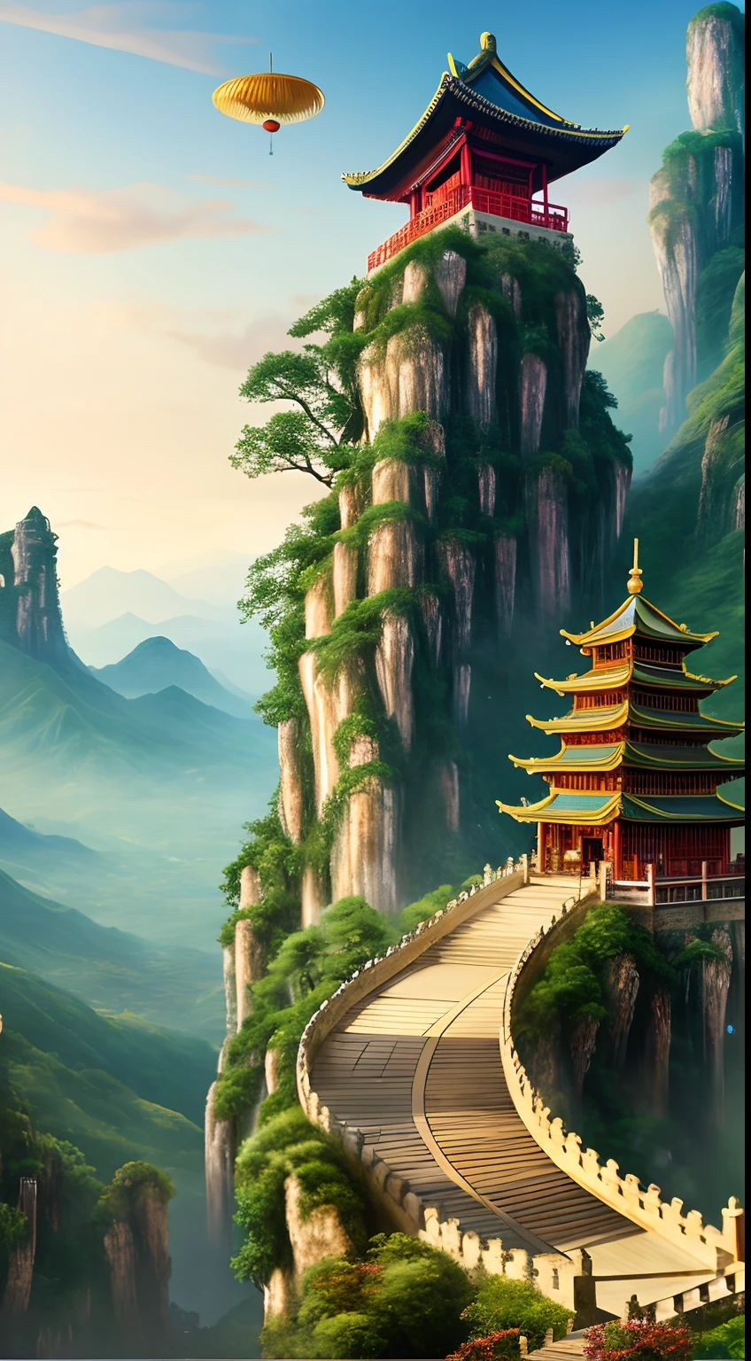 2. Mountain view with waterfall and pagoda in the middle, painted scene by Han Gan, winner of cg society competition, fantasy art, dreamy Chinese town, Chinese landscape, Chinese fantasy, made of trees and fantasy valley, ancient city view, order Impressive fantasy landscape, most epic landscape, pagoda on hill, mountainous jungle environment, avatar landscape, chinese village.