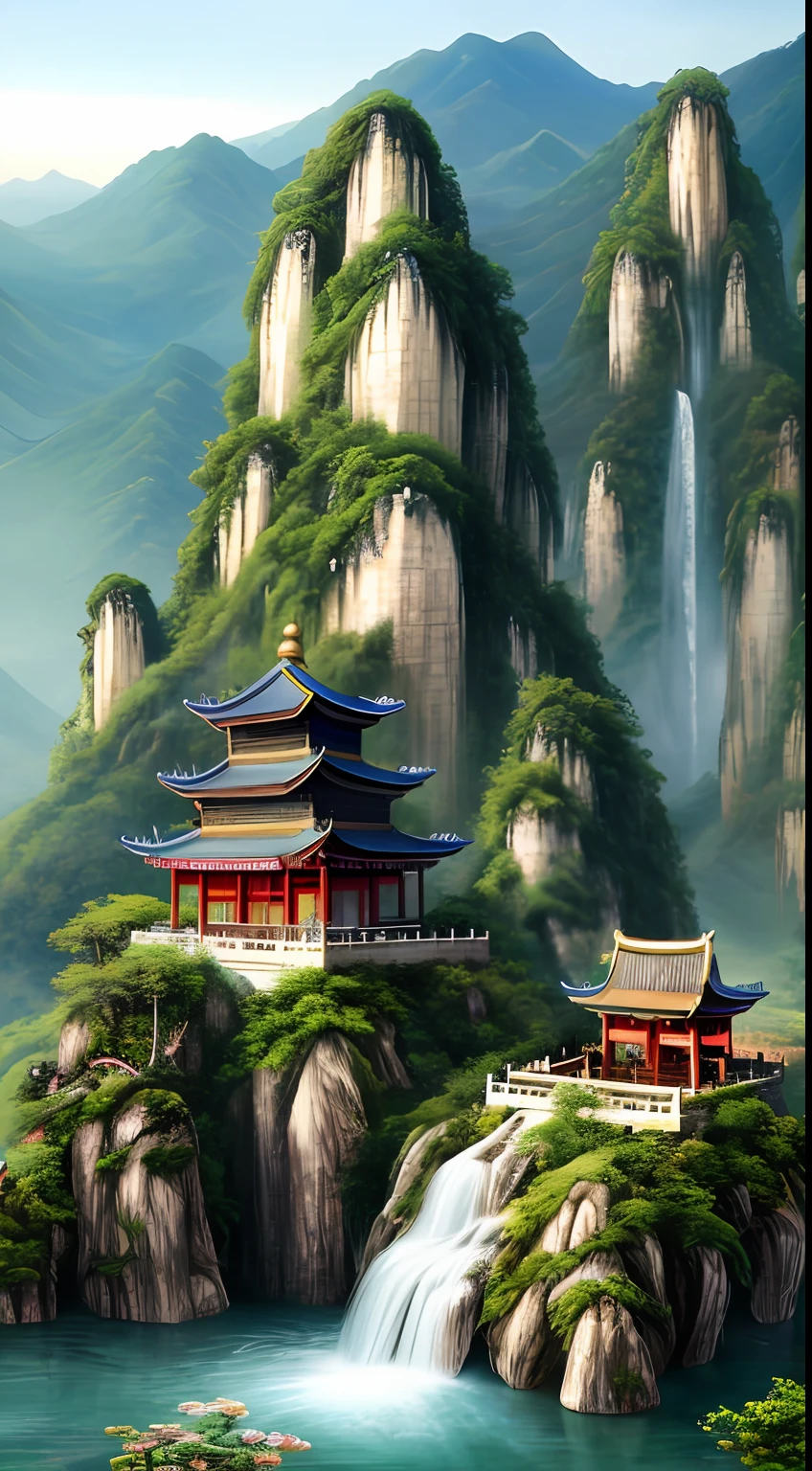 2. Mountain view with waterfall and pagoda in the middle, painted scene by Han Gan, winner of cg society competition, fantasy art, dreamy Chinese town, Chinese landscape, Chinese fantasy, made of trees and fantasy valley, ancient city view, order Impressive fantasy landscape, most epic landscape, pagoda on hill, mountainous jungle environment, avatar landscape, chinese village.